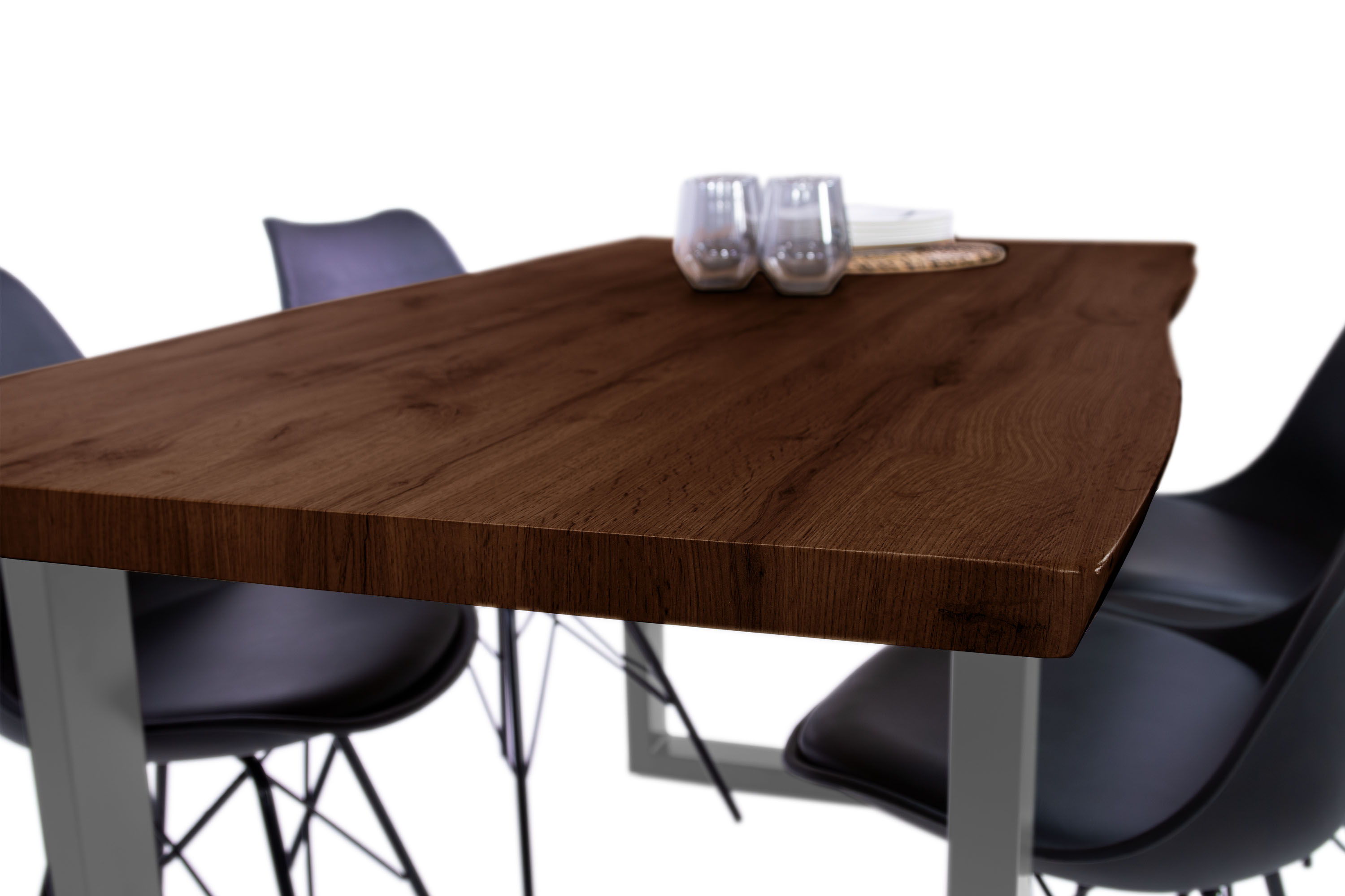 Esstisch Baumkante Holz-Optik Nussbaum 160 x 85 U-Gestell silber JOSY