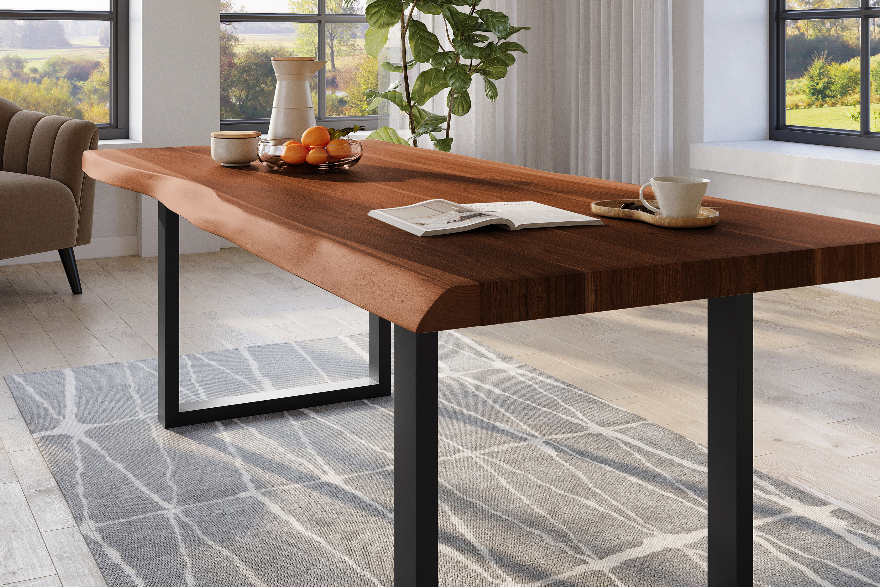 Esstisch Baumkante massiv Akazie nussbaumfarben 240 x 120 U-Gestell Metall schwarz TITAN