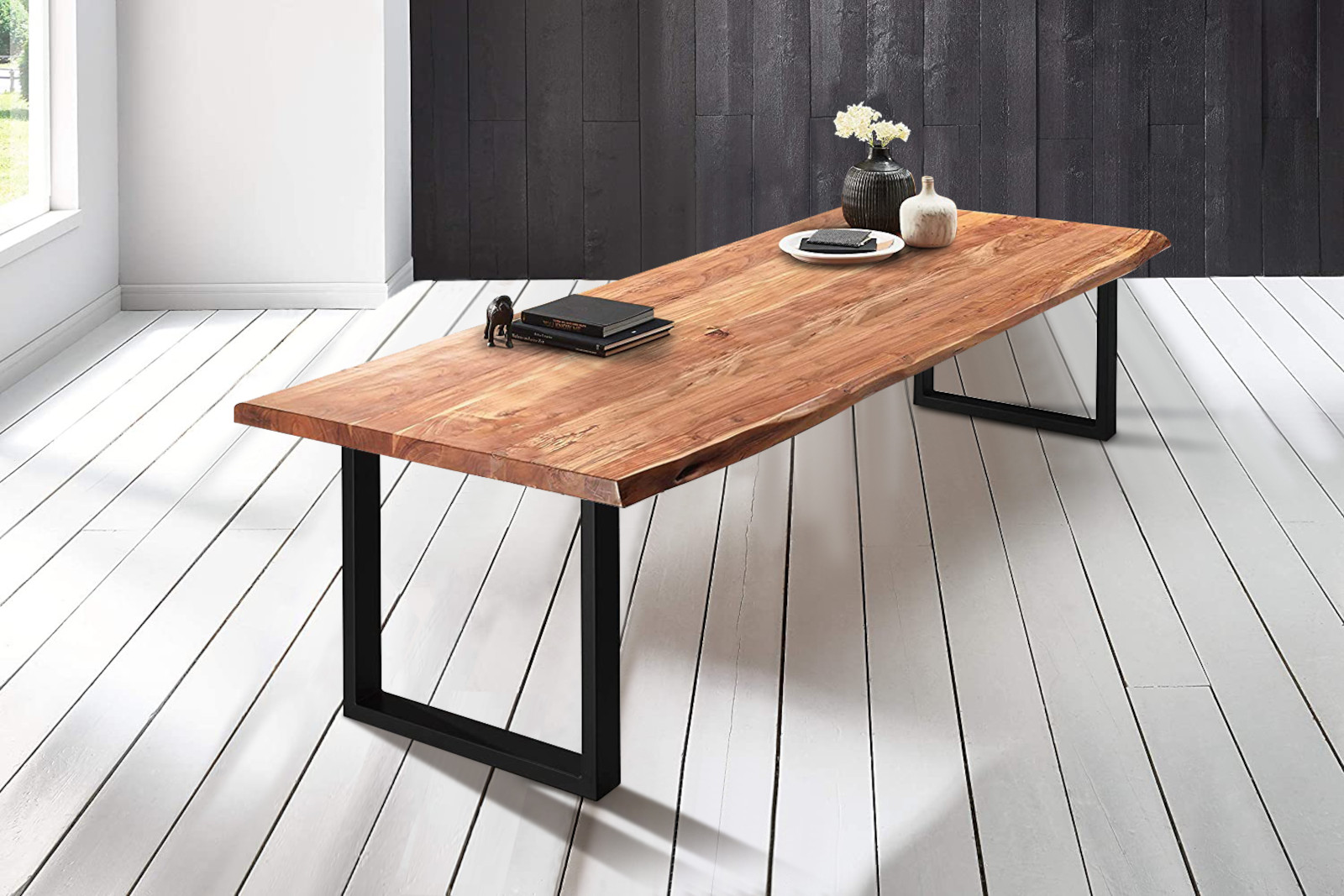  Esstisch Baumkante massiv Akazie natur 220 x 110 schwarz VALIN