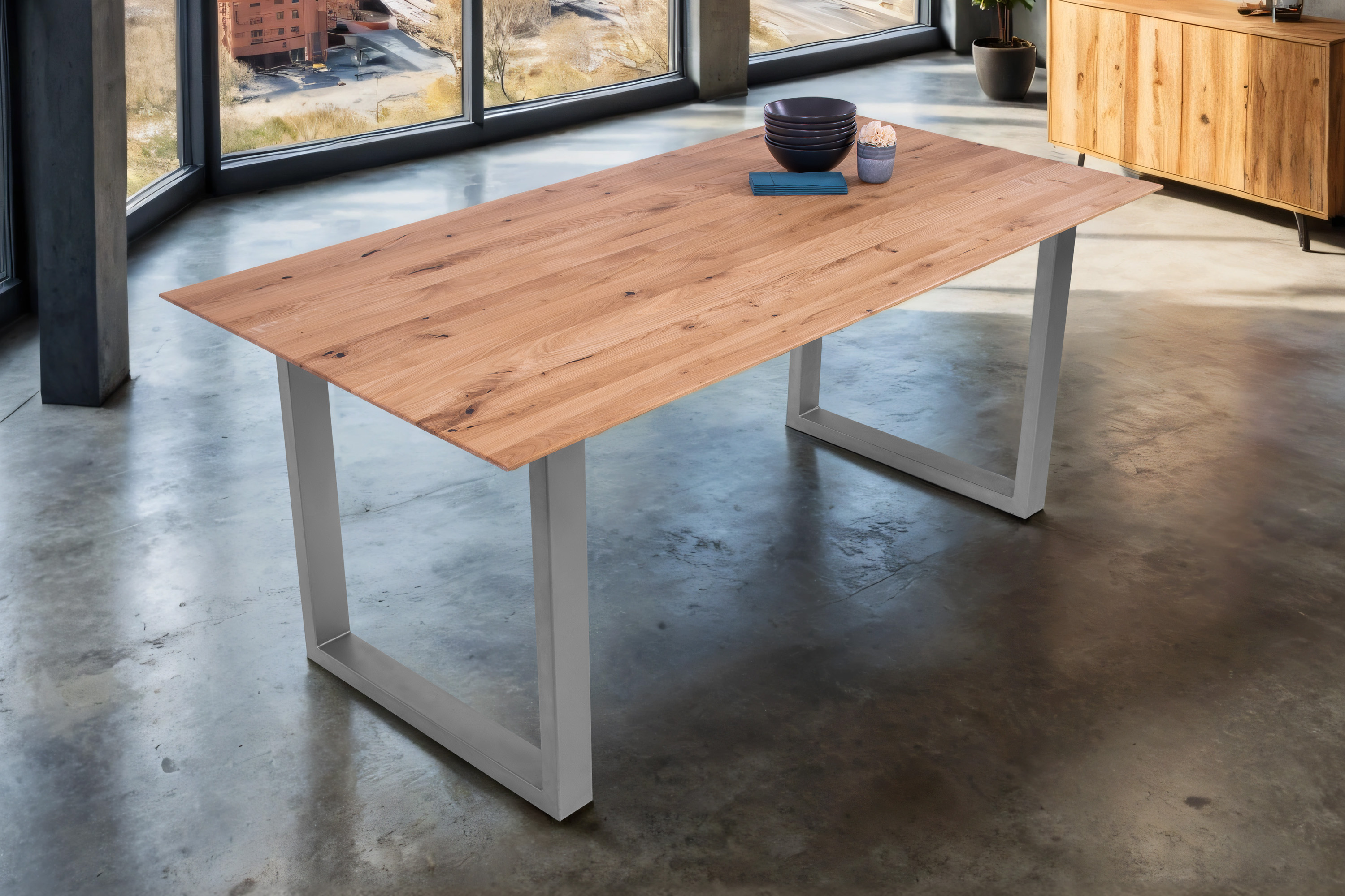 Esszimmertisch Schweizer Kante eckig massiv & geölt Eiche 160x85 silber U-Gestell Lotte