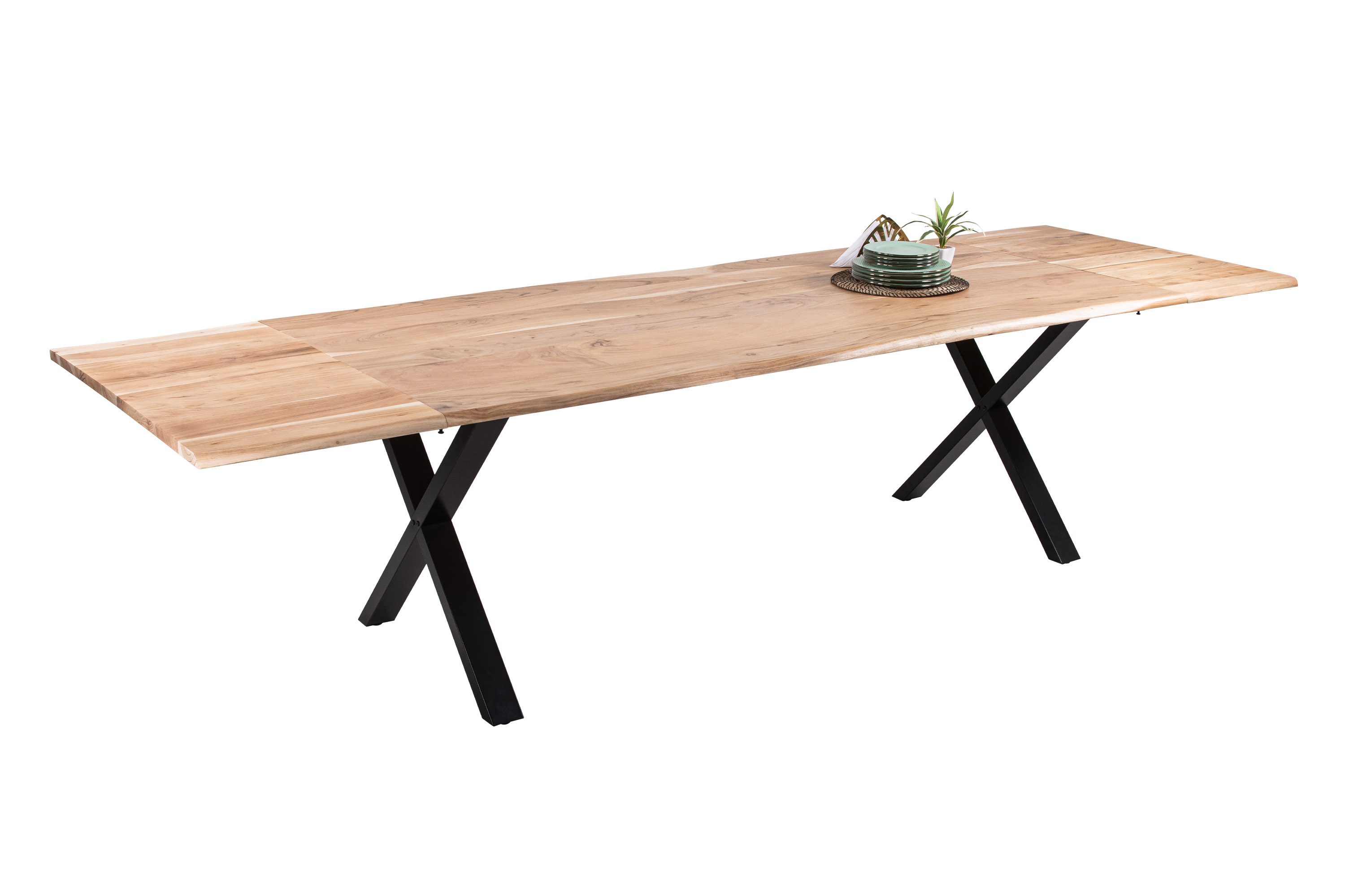 Esstisch Baumkante Akazie natur 200(300)x100 Ansteckplatten X-Gestell schwarz AVINO