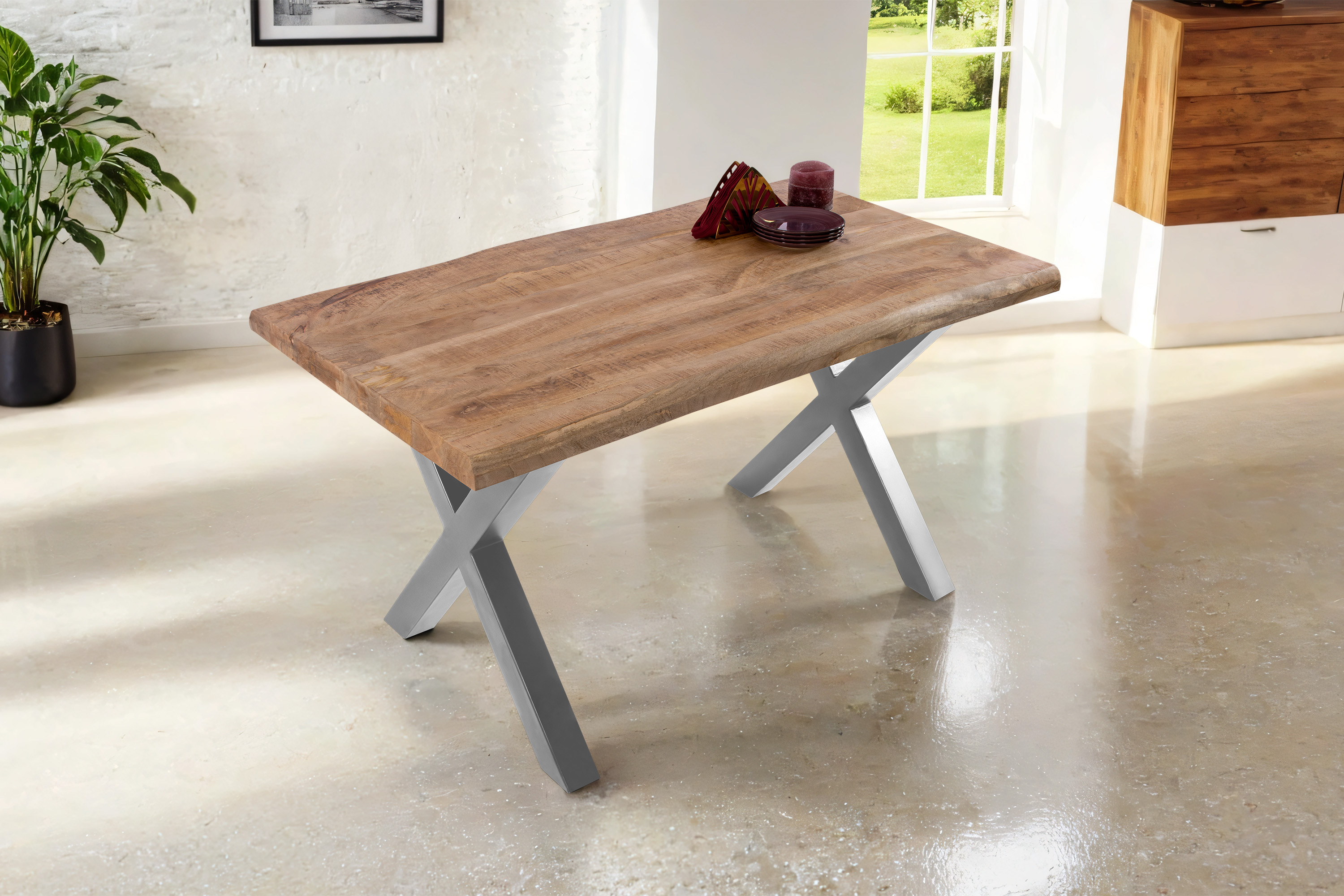 Esstisch Baumkante massiv Mango 120 x 80 X-Gestell silber CALI