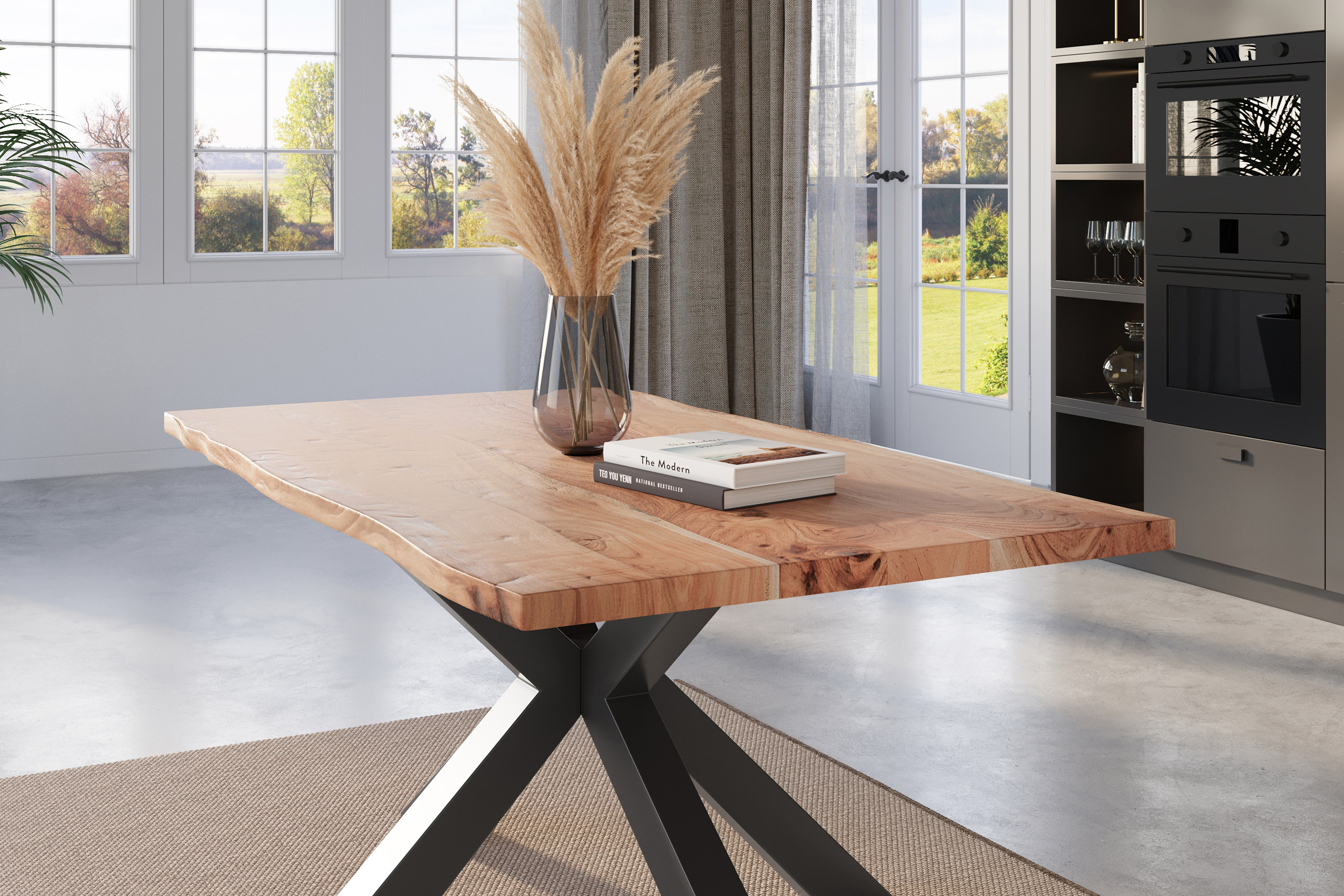 Esstisch Baumkante massiv Akazie natur 120 x 80 cm Spider-Gestell schwarz Kalea