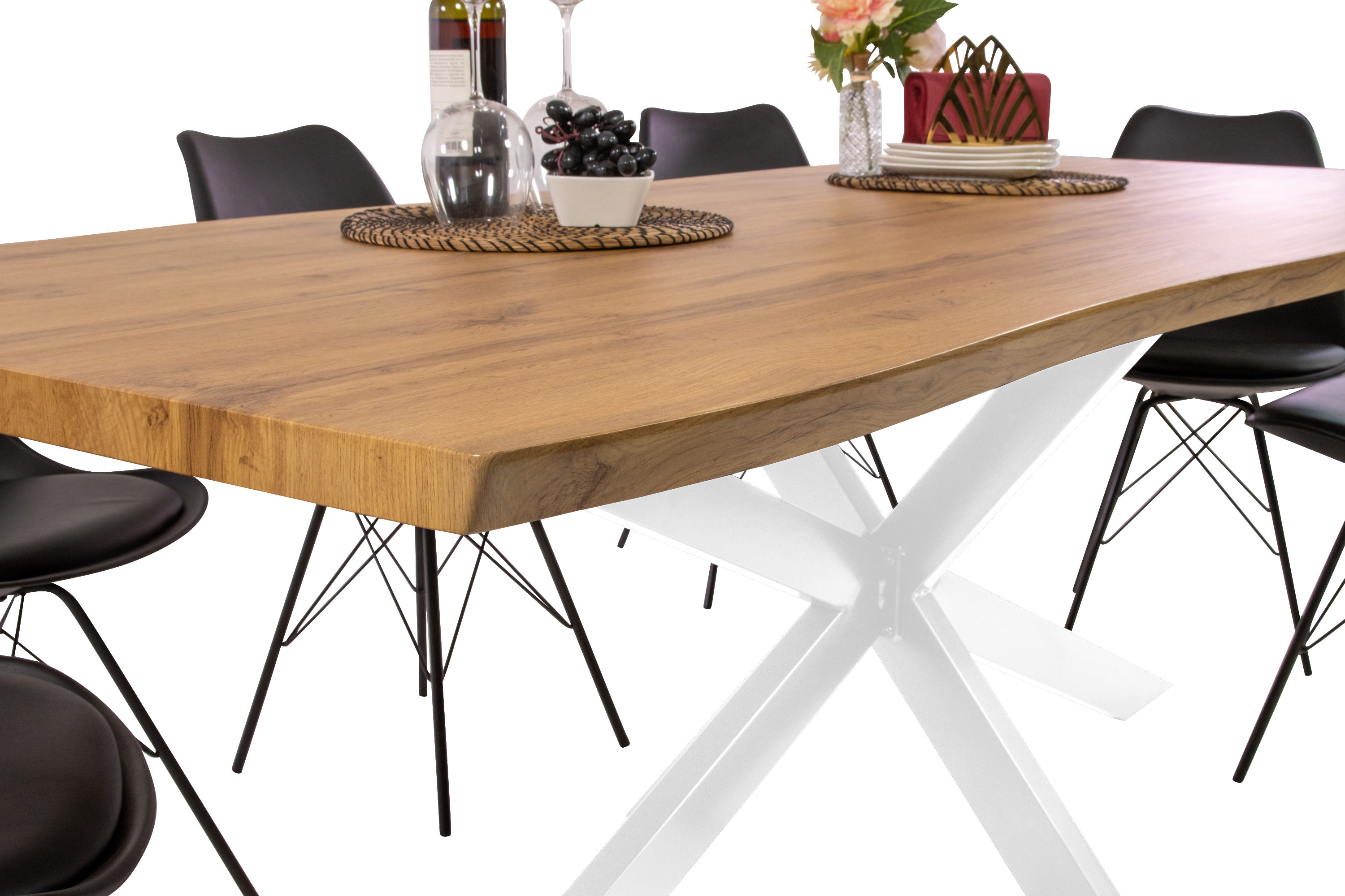 Esstisch Baumkante Holz-Optik Wildeiche 220 x 100 Spider-Gestell weiß JOSY