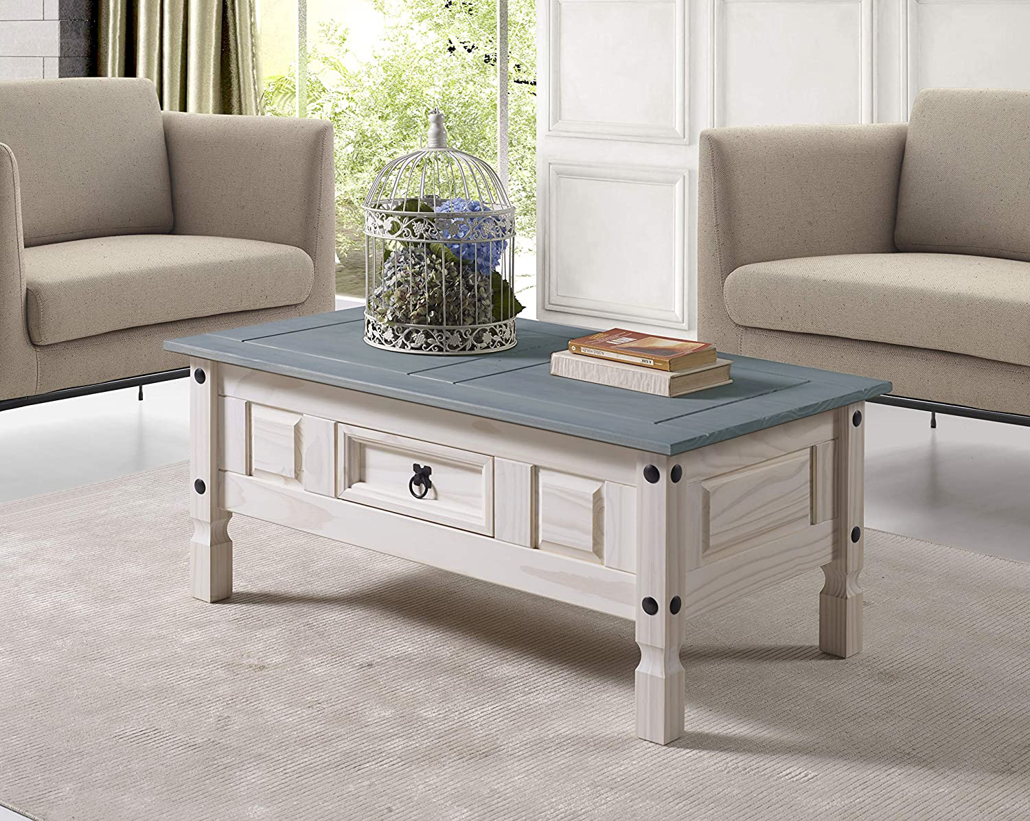 Couchtisch 100 x 60 cm mit Schublade Pinienholz weiß grau lasiert MEXICO