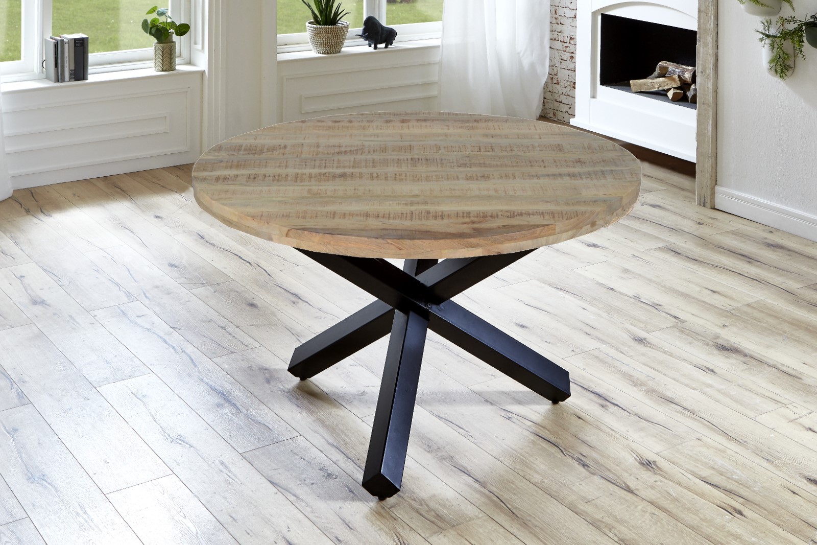 Esszimmertisch rund 130 cm Mangoholz Natur Schwarz RUNIS