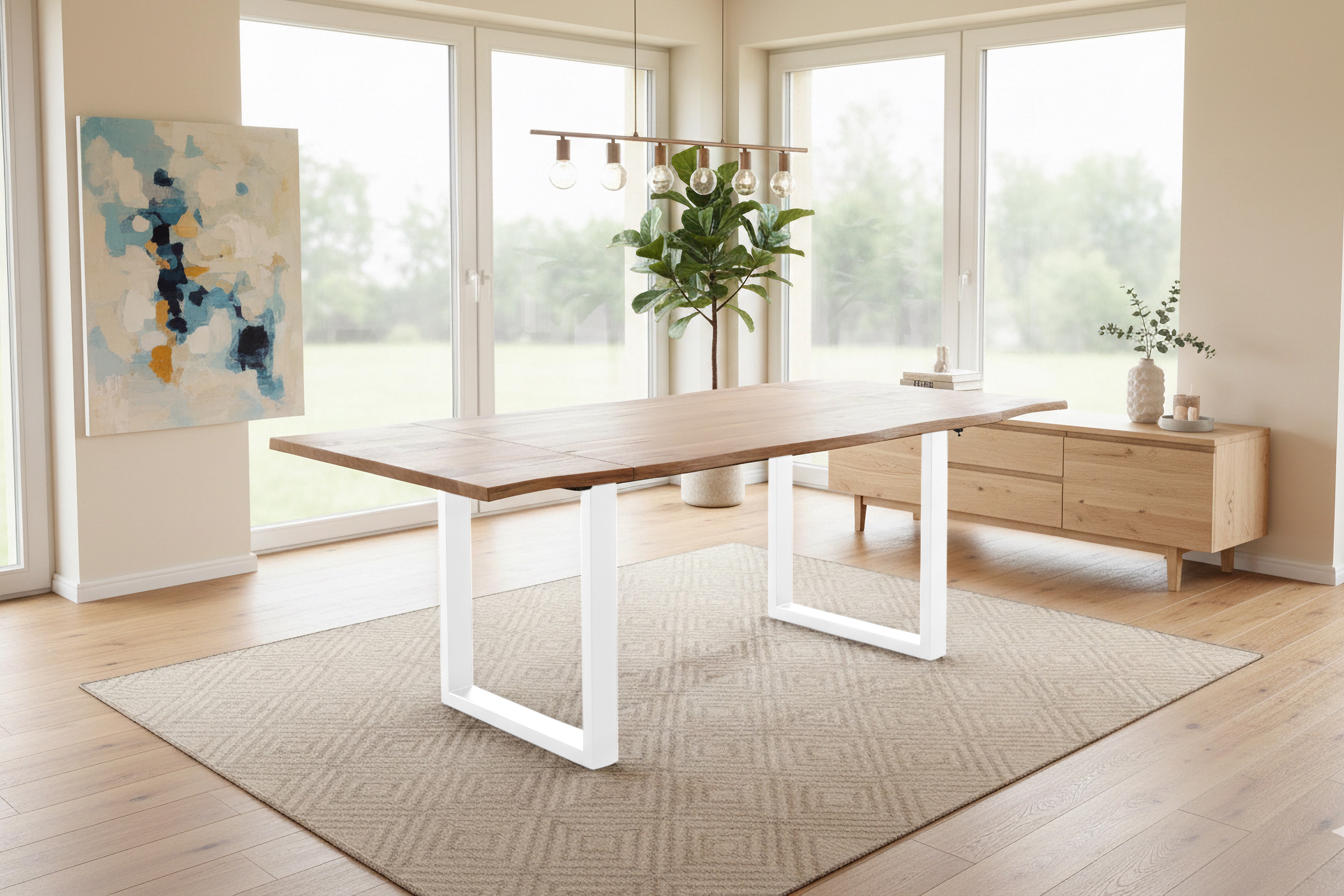 Esstisch Baumkante Akazie natur 140(220)x90 Ansteckplatten U-Gestell weiß AVINO
