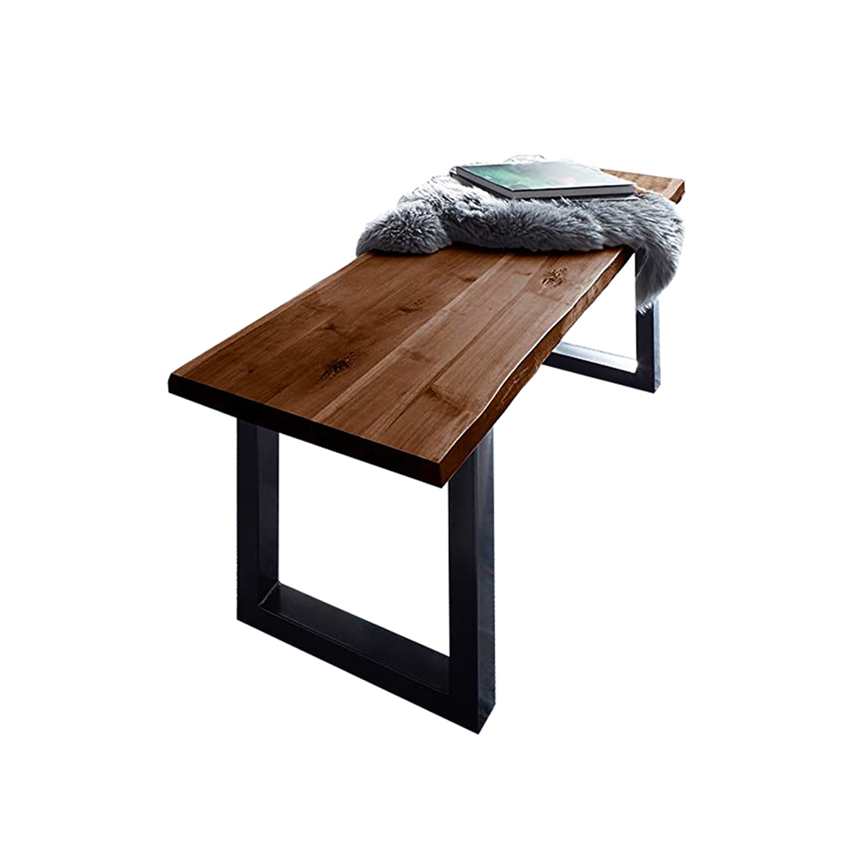 Essgruppe 140 cm Akazie nussbaumfarben U-Gestell schwarz mit 2 Bänken QUINN