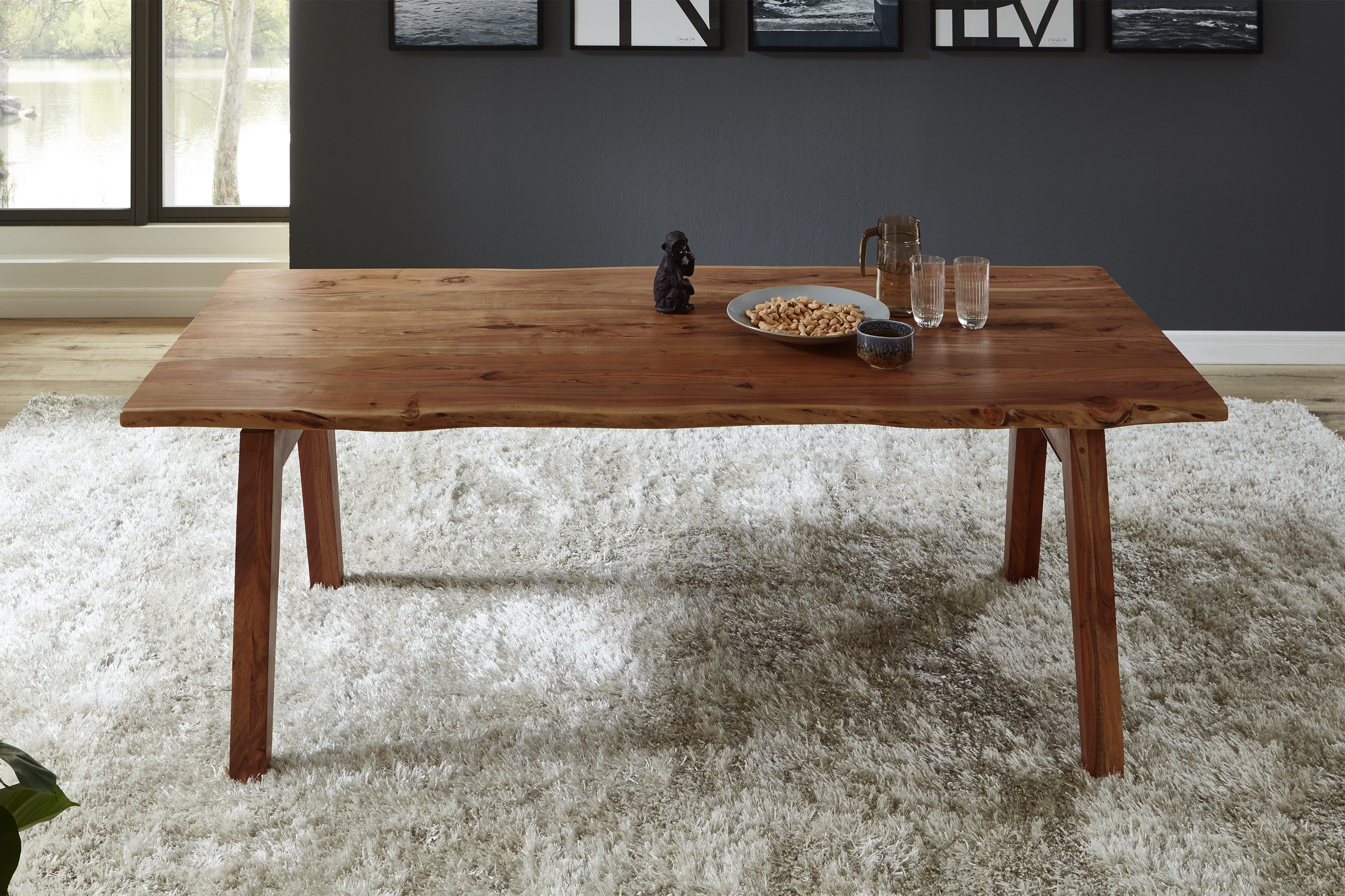 Esstisch Baumkante massiv Akazie nuss 160 x 85 A-Holzgestell nussbaumfarben NELE