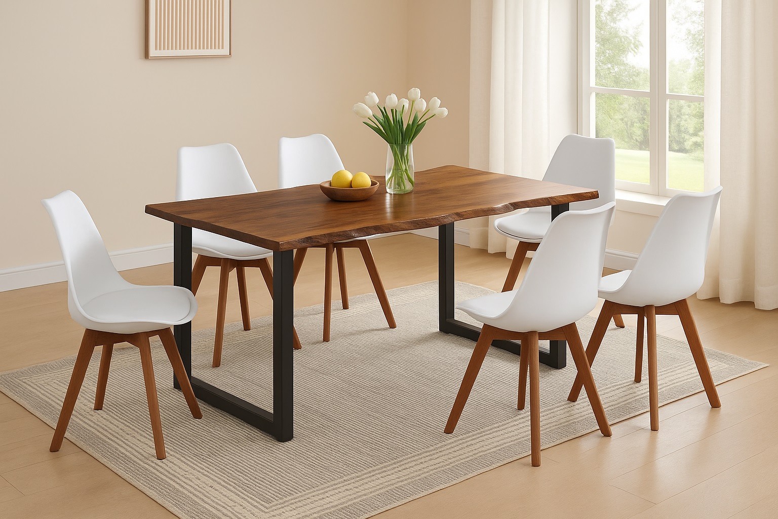Essgruppe Baumkante massiv 160 x 85 cm Akazie nussbaumfarben U-Gestell schwarz & 6 Stühle weiß QUINN