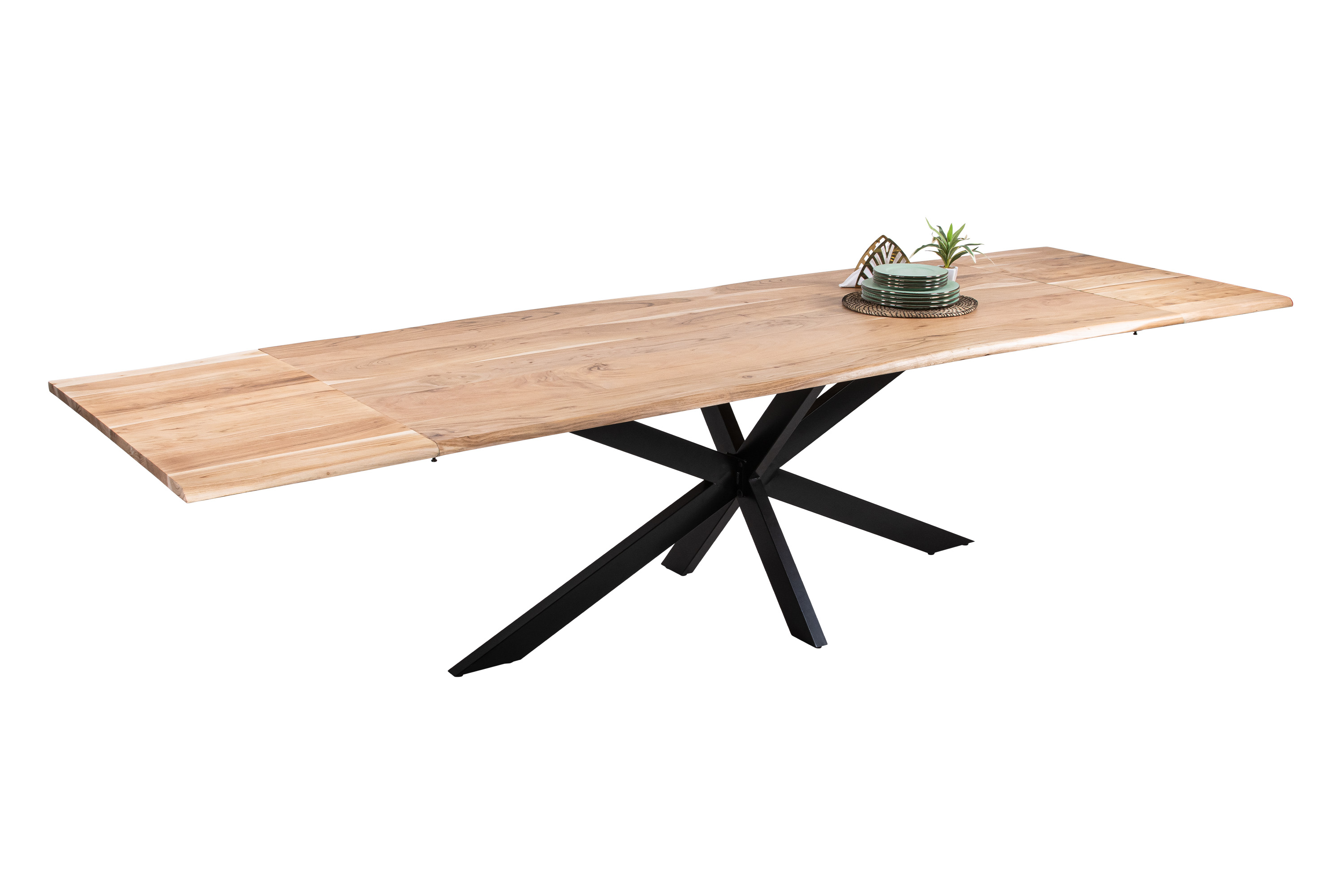 Esstisch Baumkante Akazie natur 220(320)x100 Ansteckplatten Spider-Gestell schwarz AVINO