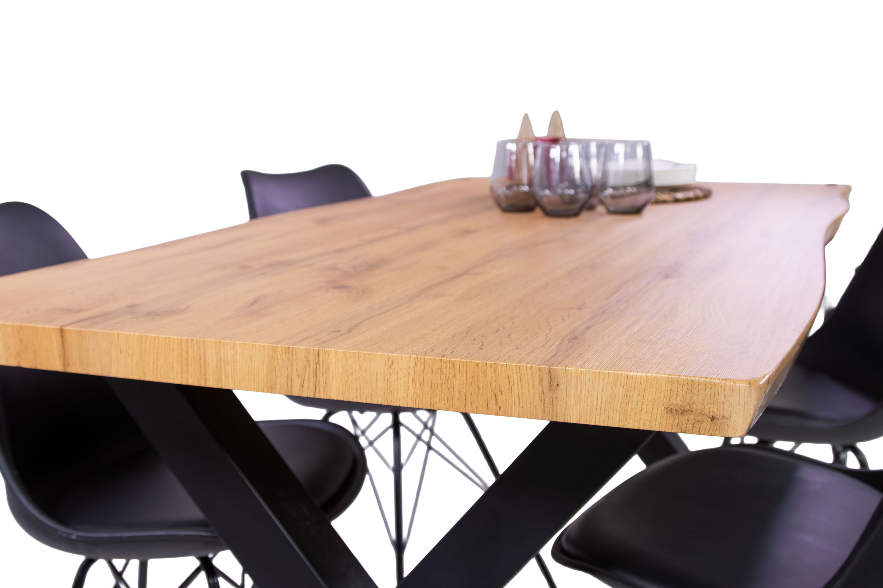 Esstisch Baumkante Holz-Optik Wildeiche 160 x 85 X-Gestell schwarz JOSY
