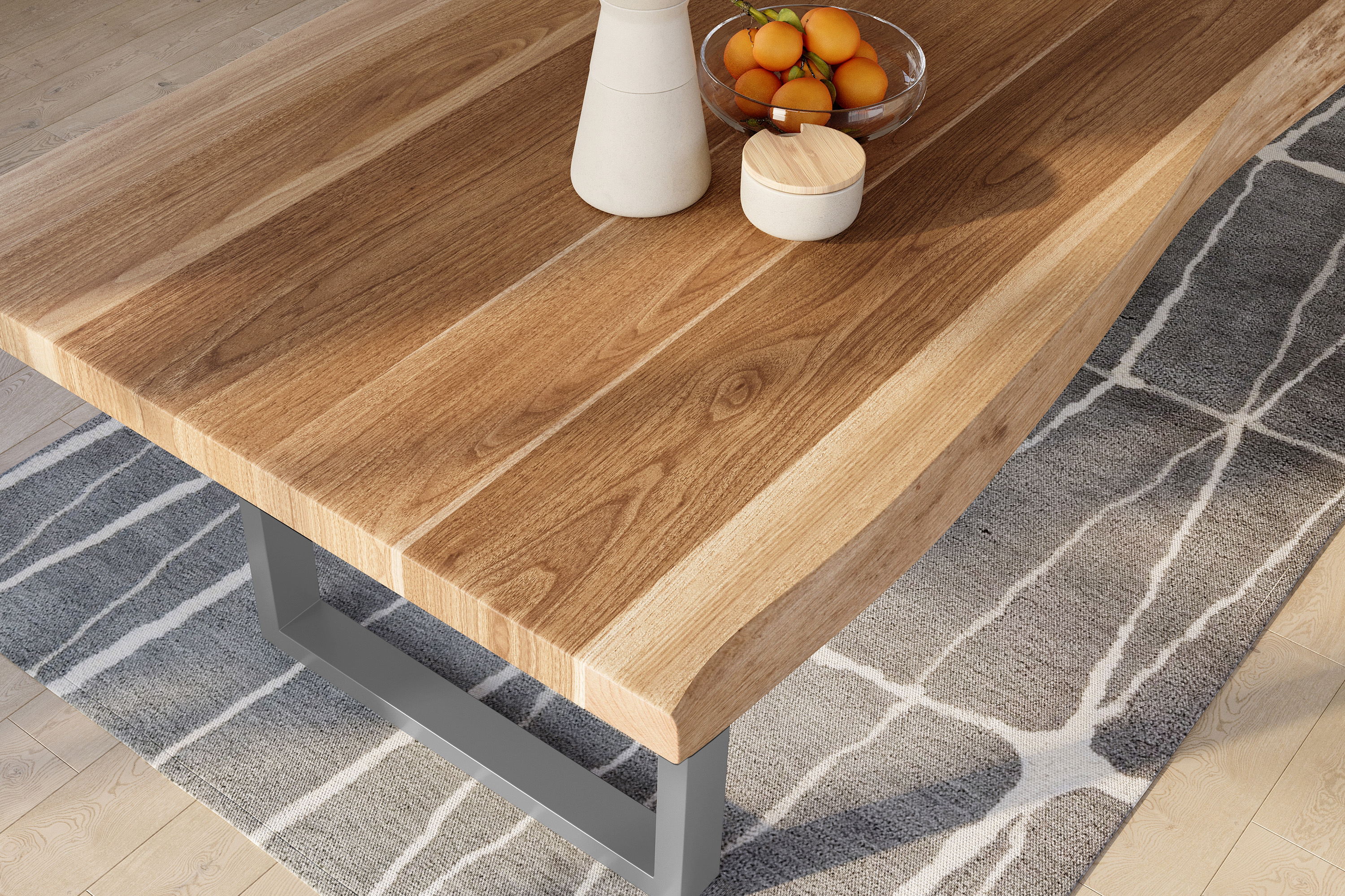 Esstisch Baumkante massiv Akazie natur 350 x 120 U-Gestell Metall silber TITAN