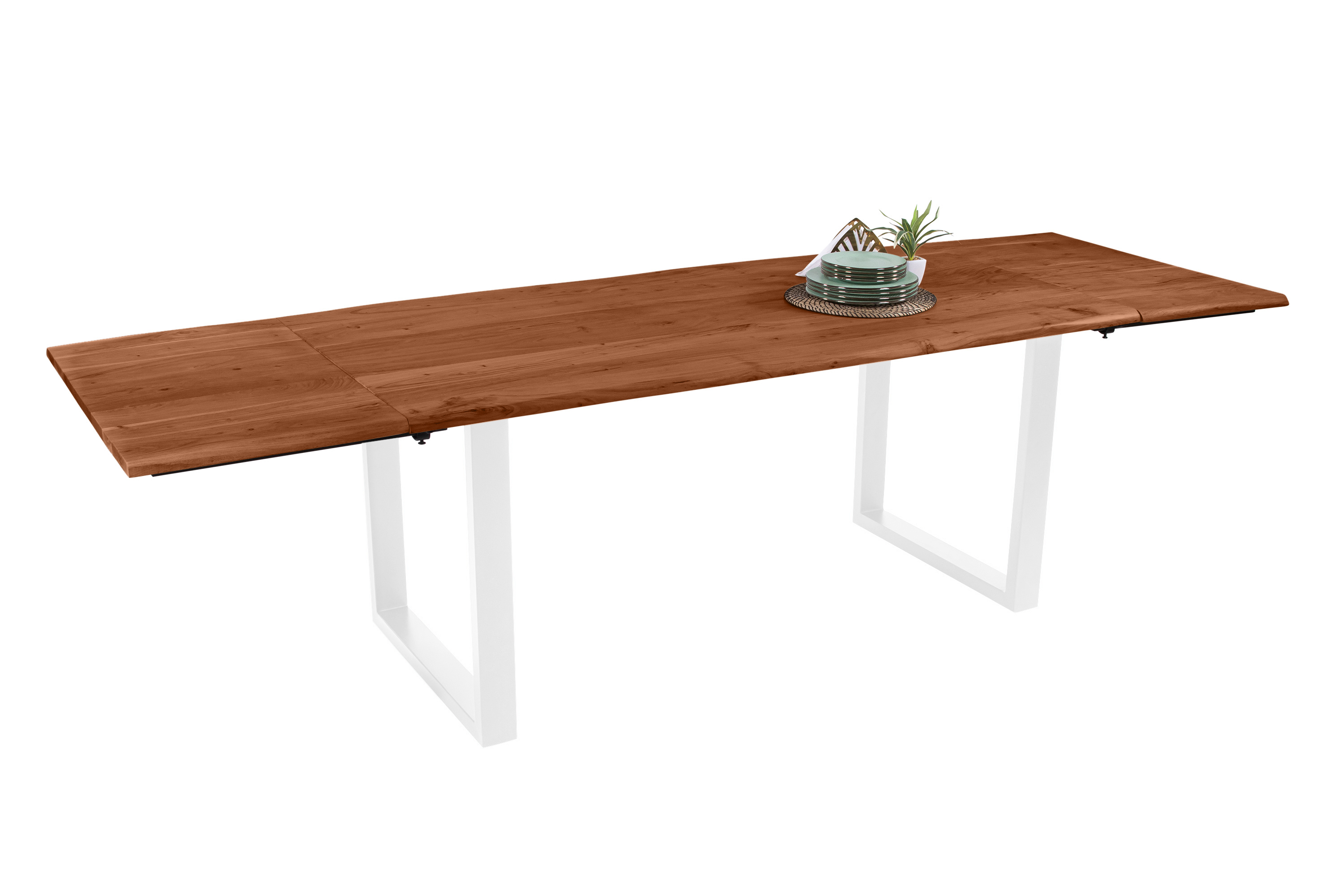 Esstisch Baumkante Akazie nuss 180(280)x90 Ansteckplatten U-Gestell weiß AVINO