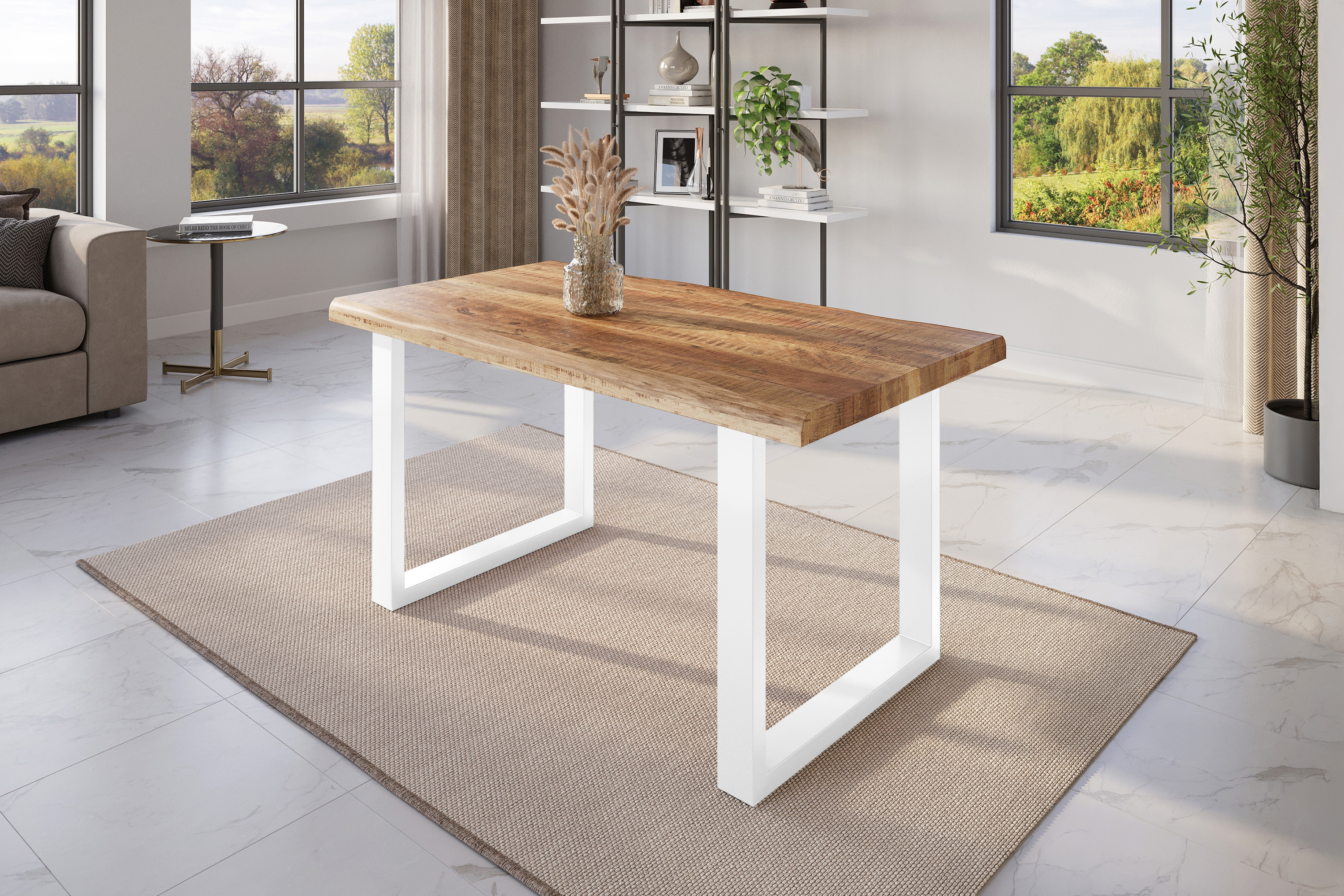 Esstisch Baumkante massiv Mango rough 120 x 80 U-Gestell weiß ATLAS