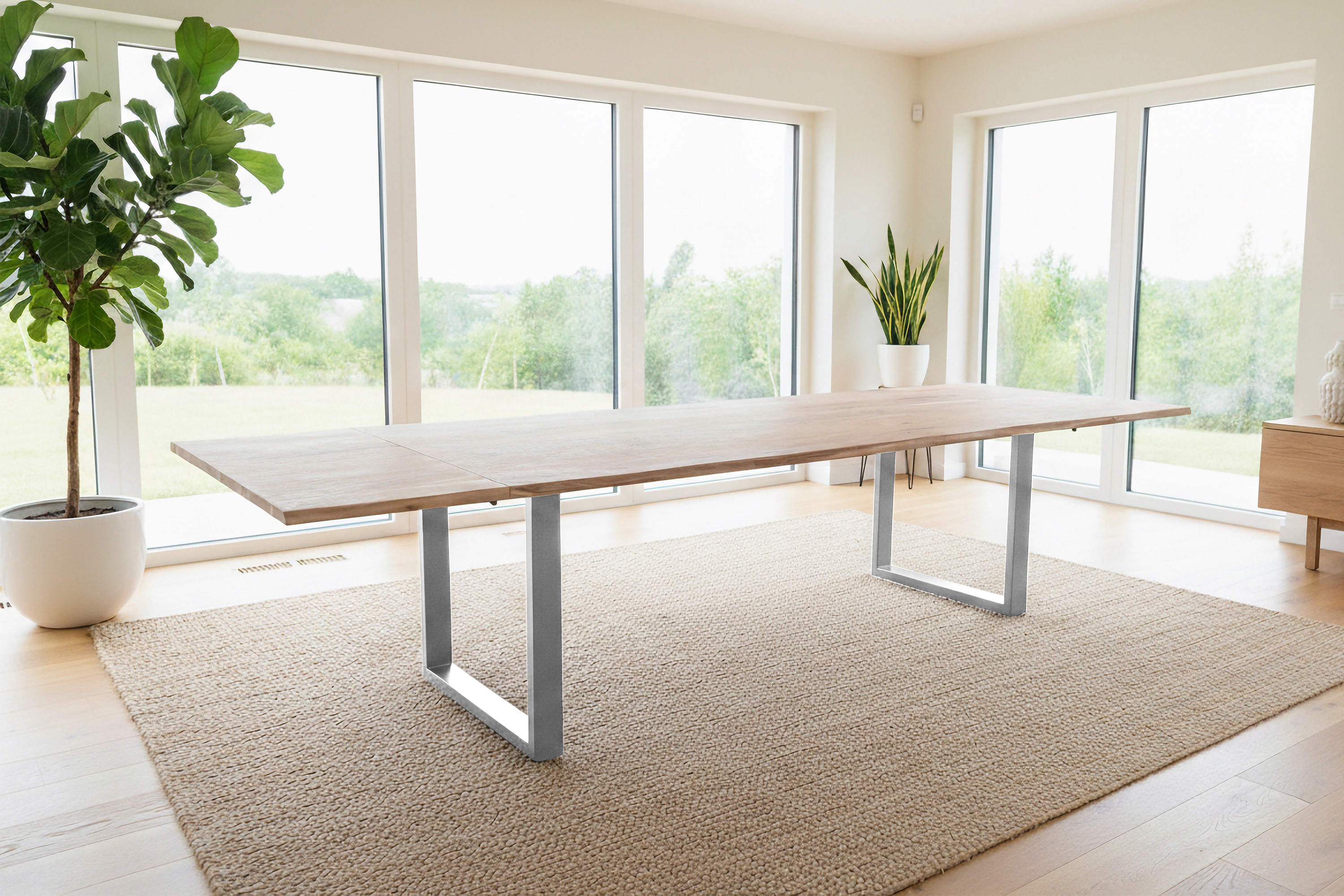 Esstisch Baumkante Akazie natur 220(320)x100 Ansteckplatten U-Gestell silber AVINO
