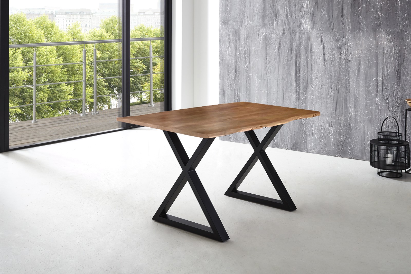 Esstisch Baumkante massiv Akazie natur 180 x 90 schwarz X-Gestell LUBIN