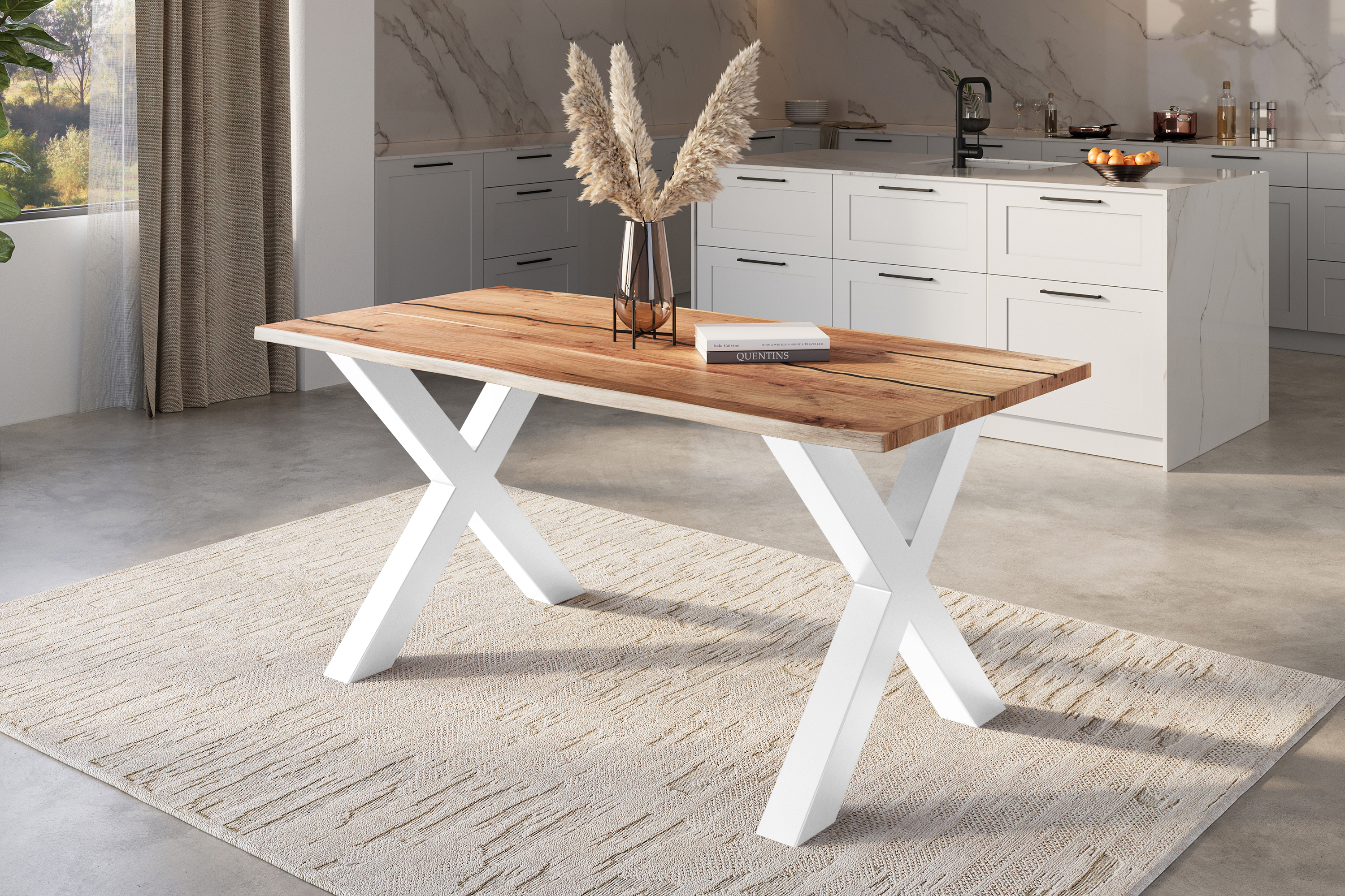 Baumkantentisch Akazie mit schwarzen Resin-Adern naturfarben 140 x 80 cm X-Gestell weiß POLLY