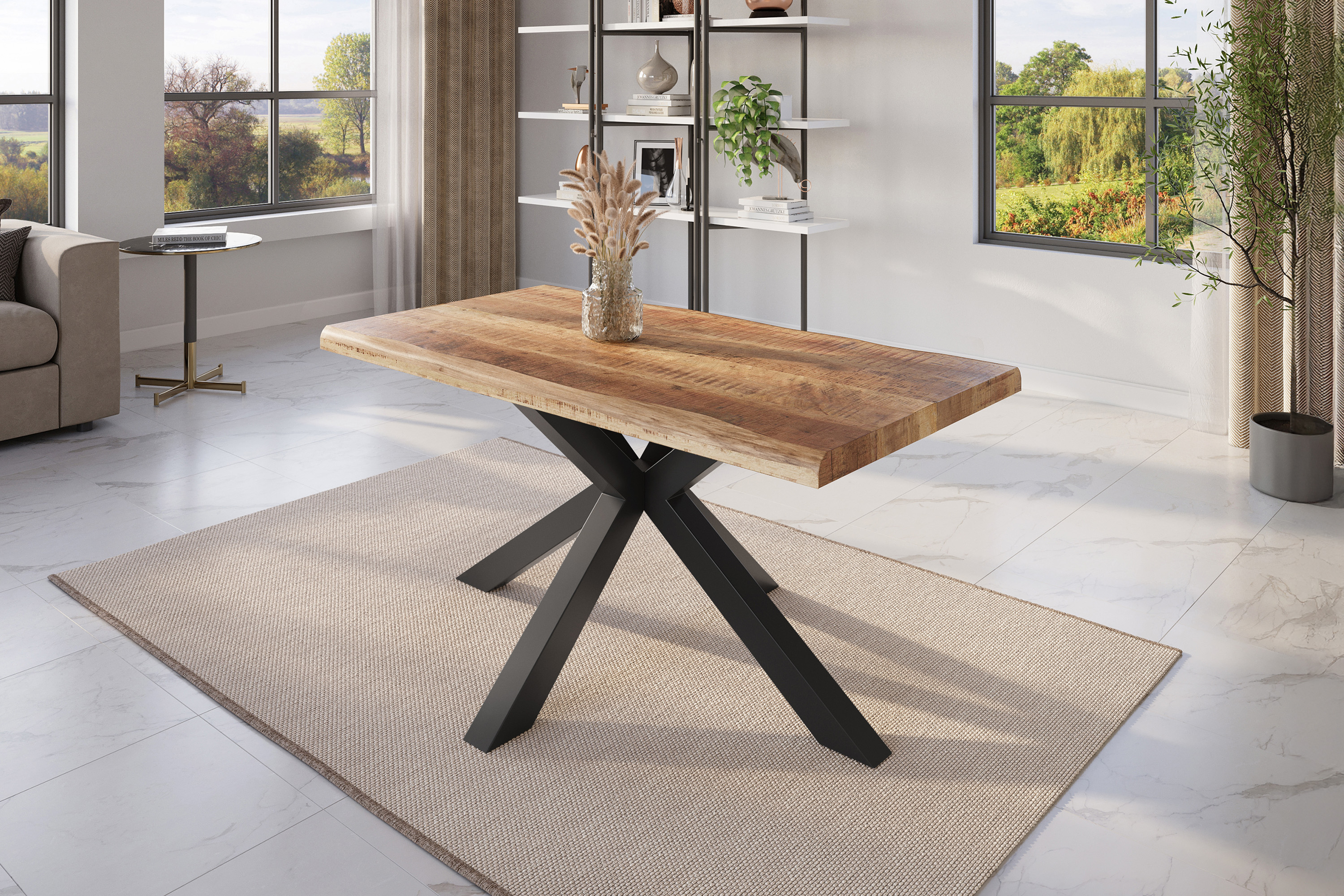 Esstisch Baumkante massiv Mango rough 120 x 80 Spider-Gestell schwarz ATLAS