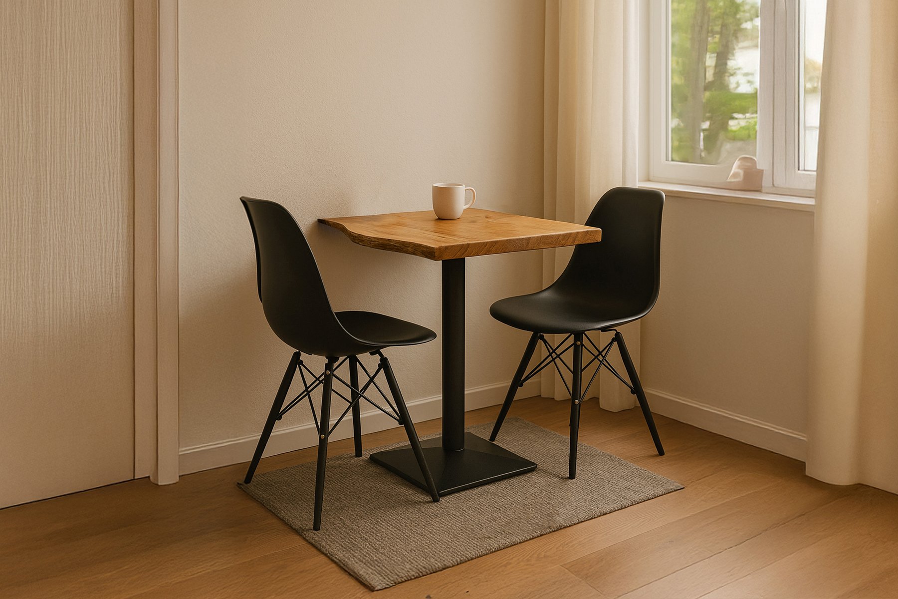 Bistrotisch Baumkante massiv 60 x 60 cm Akazie natur schwarz Säulengestell INES