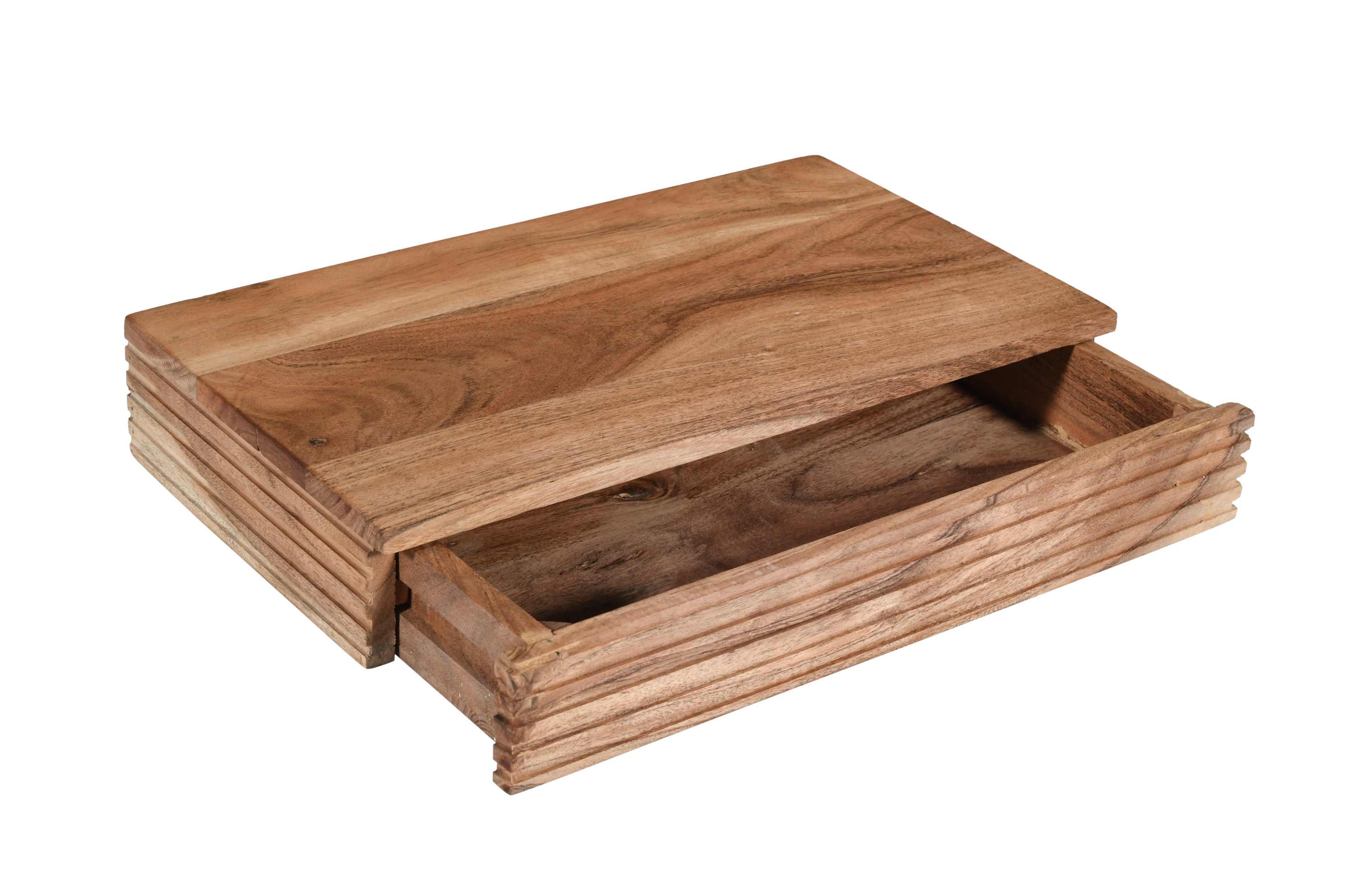 Steckboard mit Baumkante Schubladenregal Akazie massiv natur gerillt 45 x 25 x 8 cm LEONA