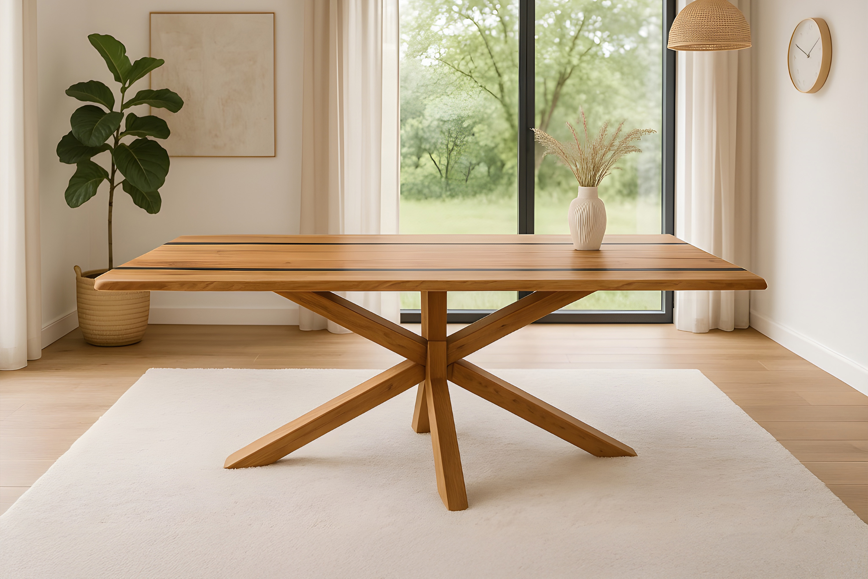 Esstisch 240 x 100 cm Akazie massiv natur mit schwarzen Resin-Adern Spider-Gestell Holz natur PETER