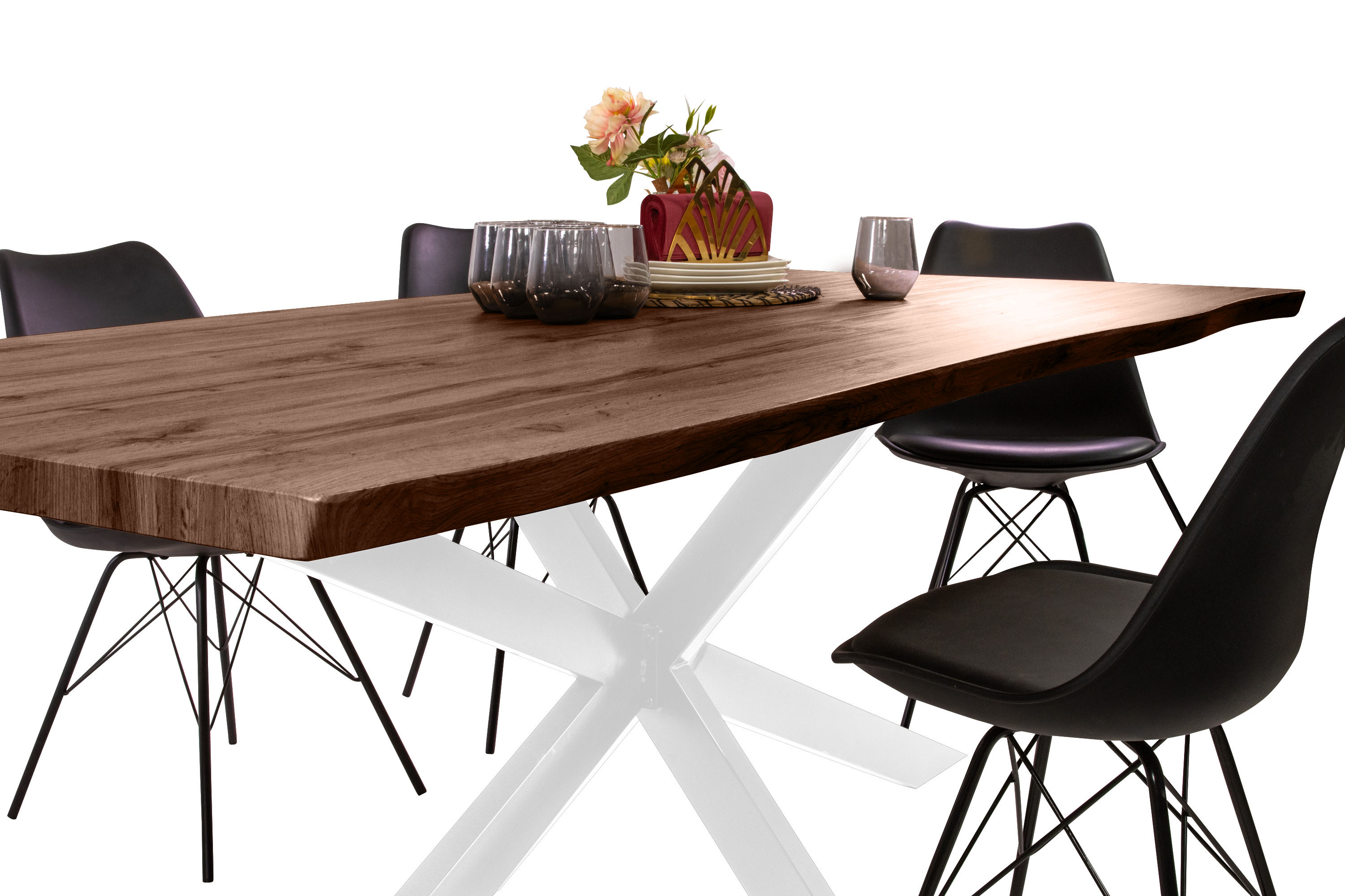Esstisch Baumkante Holz-Optik Nussbaum 200 x 100 Spider-Gestell weiß JOSY