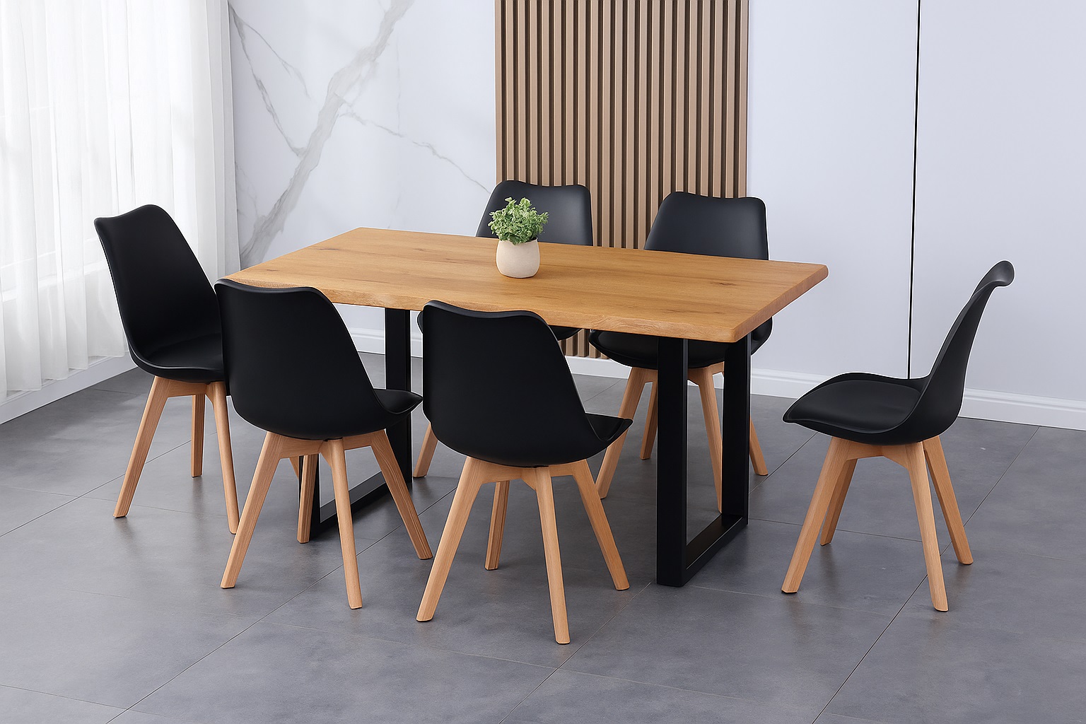 Essgruppe Baumkante massiv 220 x 100 cm Holz Wildeiche-Optik U-Gestell schwarz & 6 Stühle schwarz JOSY