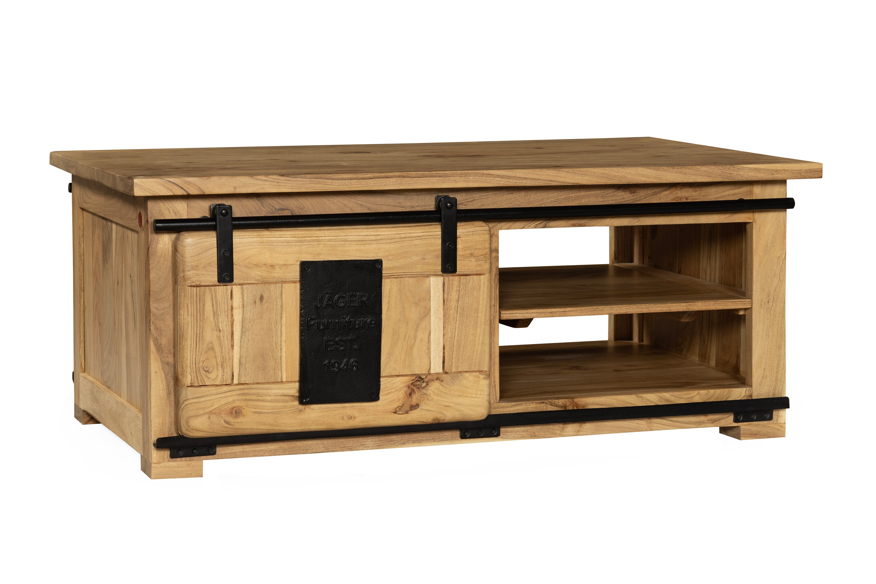 Couchtisch mit Schiebetür und 3 Fächern Akazie massiv 110 x 45 x 70 cm natur LIBRO