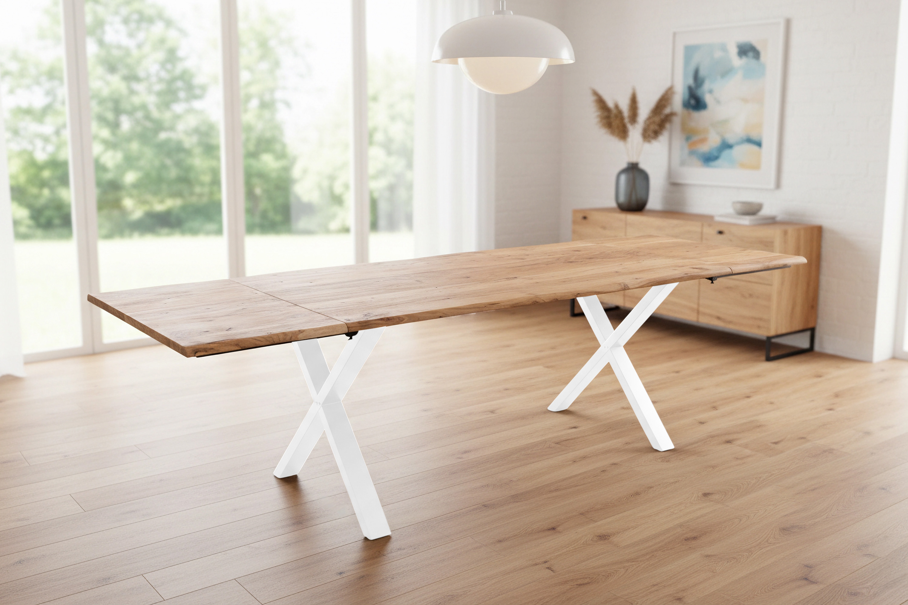 Esstisch Baumkante Akazie natur 180(280)x90 Ansteckplatten X-Gestell weiß AVINO