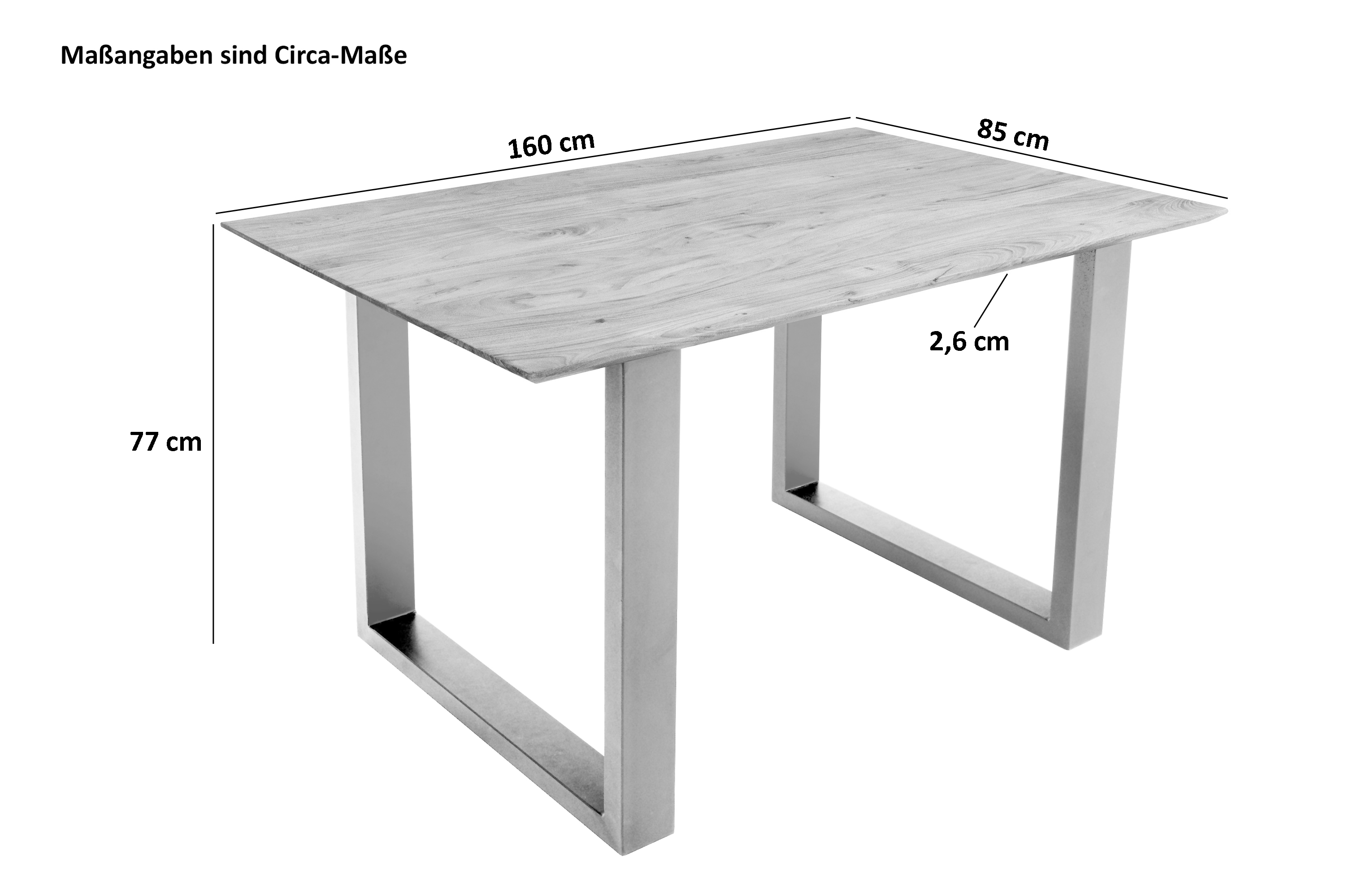 Esstisch 160x85cm Akazie massiv eichenfarben schweizer Kante U-Gestell schwarz DEAN