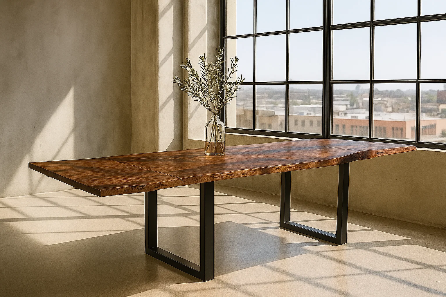 Esstisch Baumkante Akazie nougat 220 (320) x 100 mit Ansteckplatten BARCELONA