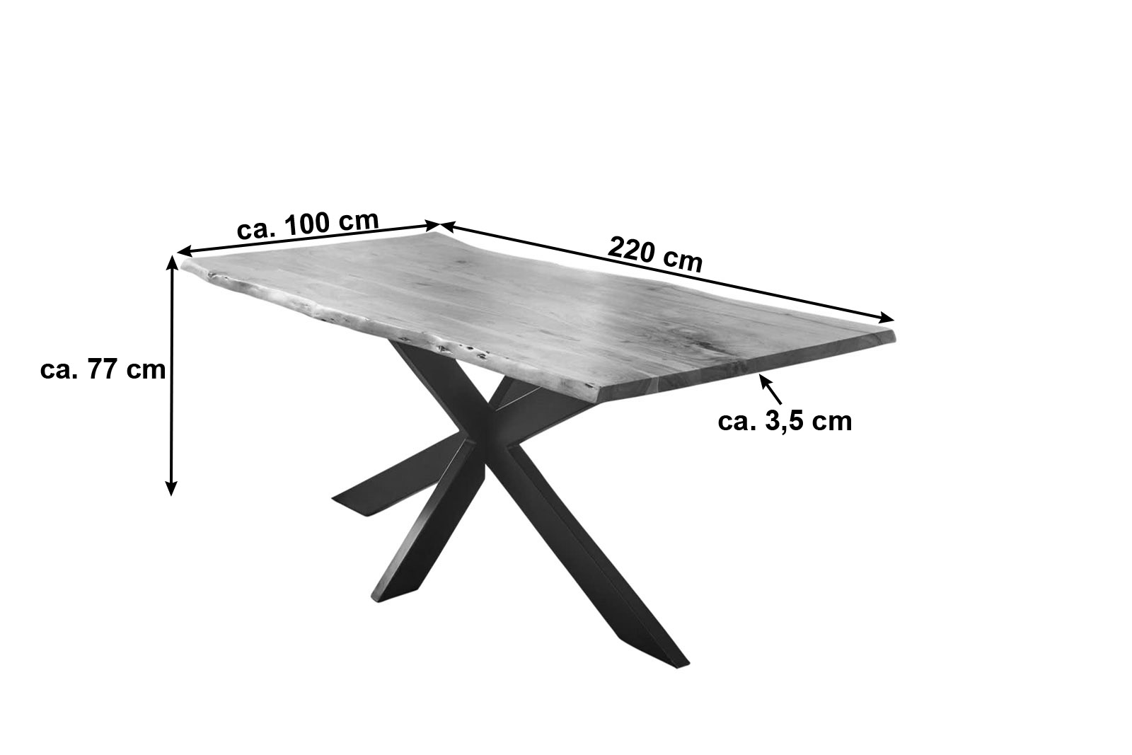 Esstisch Baumkante Akazie naturfarben 220 x 100 cm Spider-Gestell schwarz TABEA