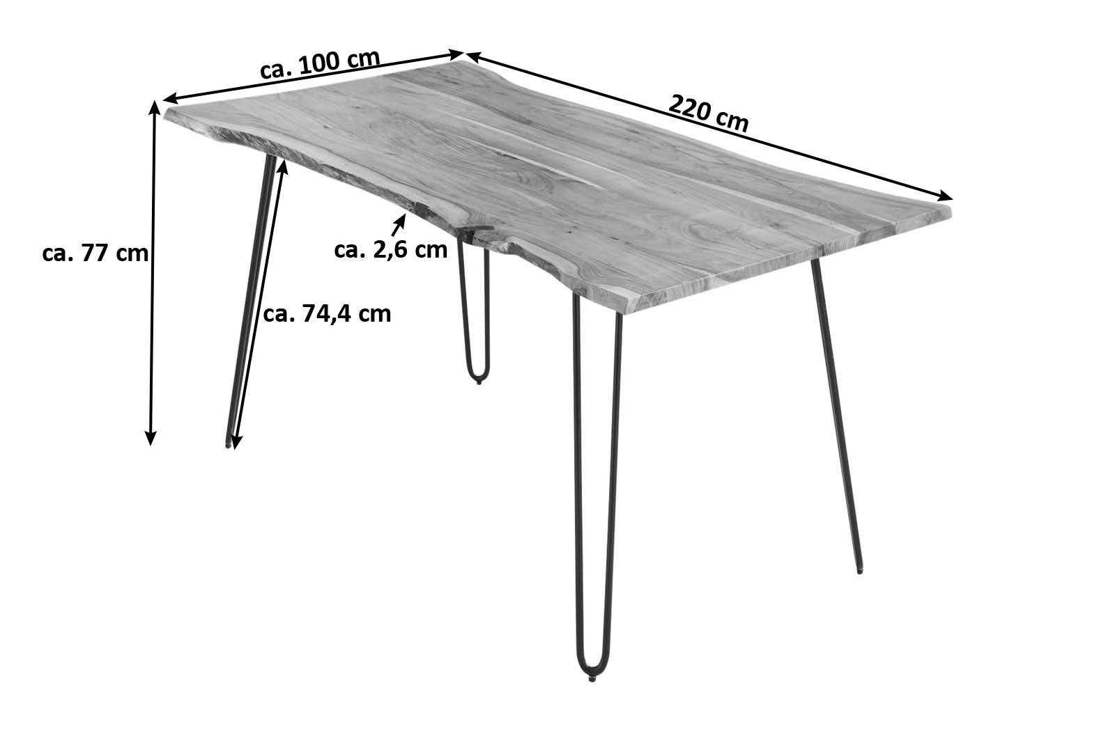 Esstisch Baumkante massiv Akazie natur 220 Hairpin-Gestell silber HANNAH Esstisch Baumkante massiv Akazie natur 220 Hairpin-Gestell silber HANNAH