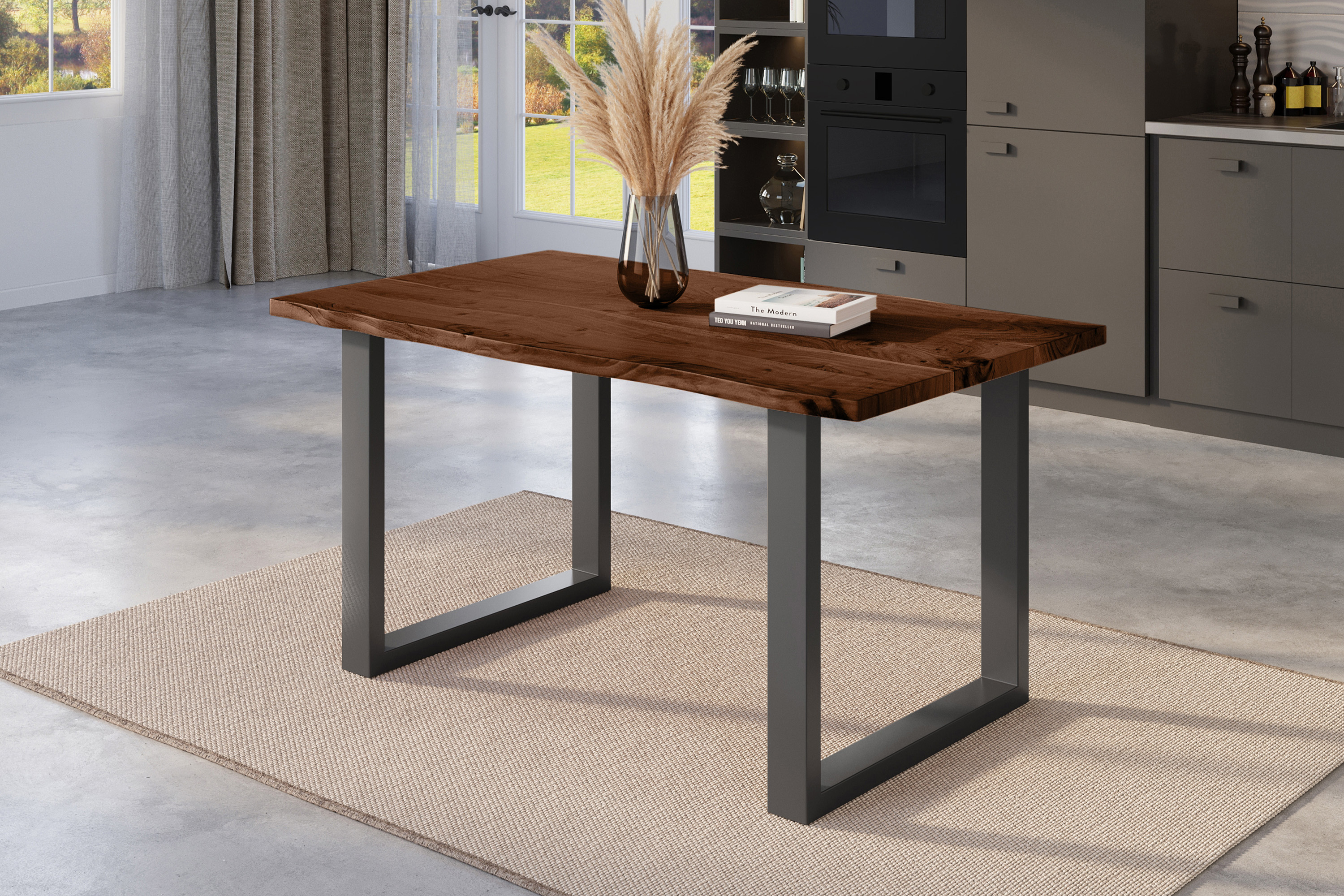 Esstisch Baumkante massiv Akazie nussbaum 120 x 80 U-Gestell schwarz NICK