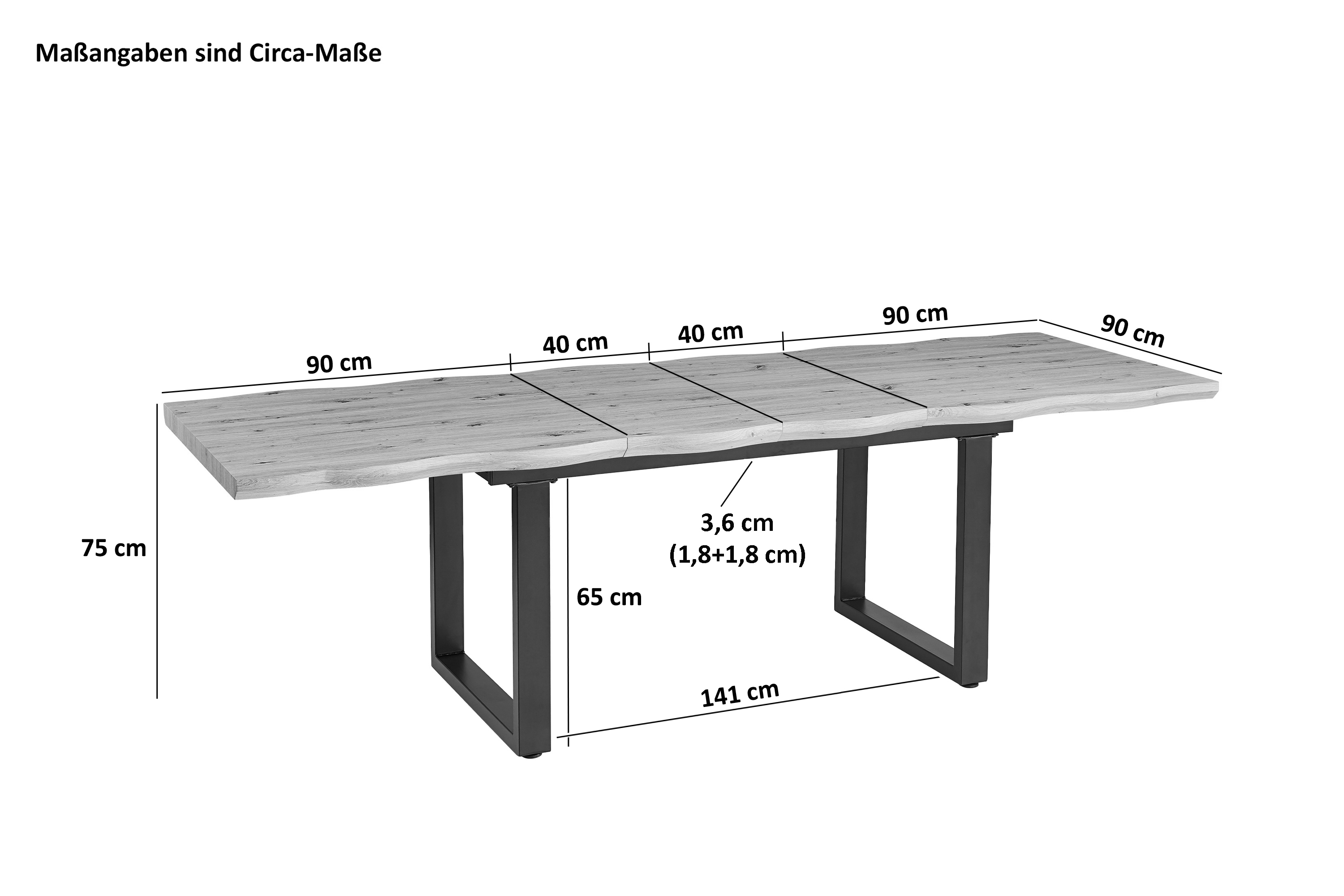 Esstisch Baumkante Holz Wildeiche-Optik 180(260) x 90 U-Gestell schwarz SWAN