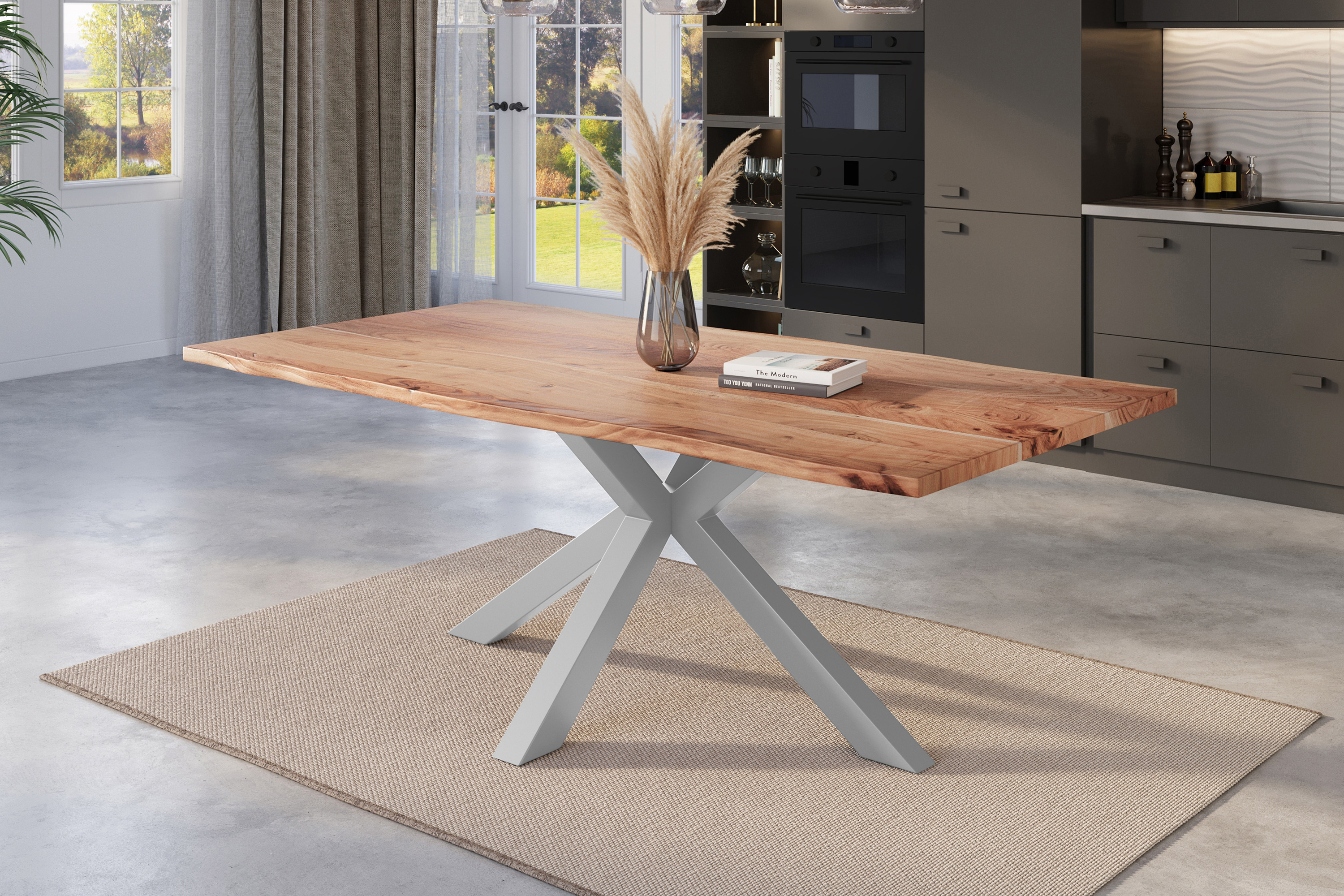 Esstisch Baumkante massiv Akazie natur 180 x 90 cm Spider-Gestell silber Kalea