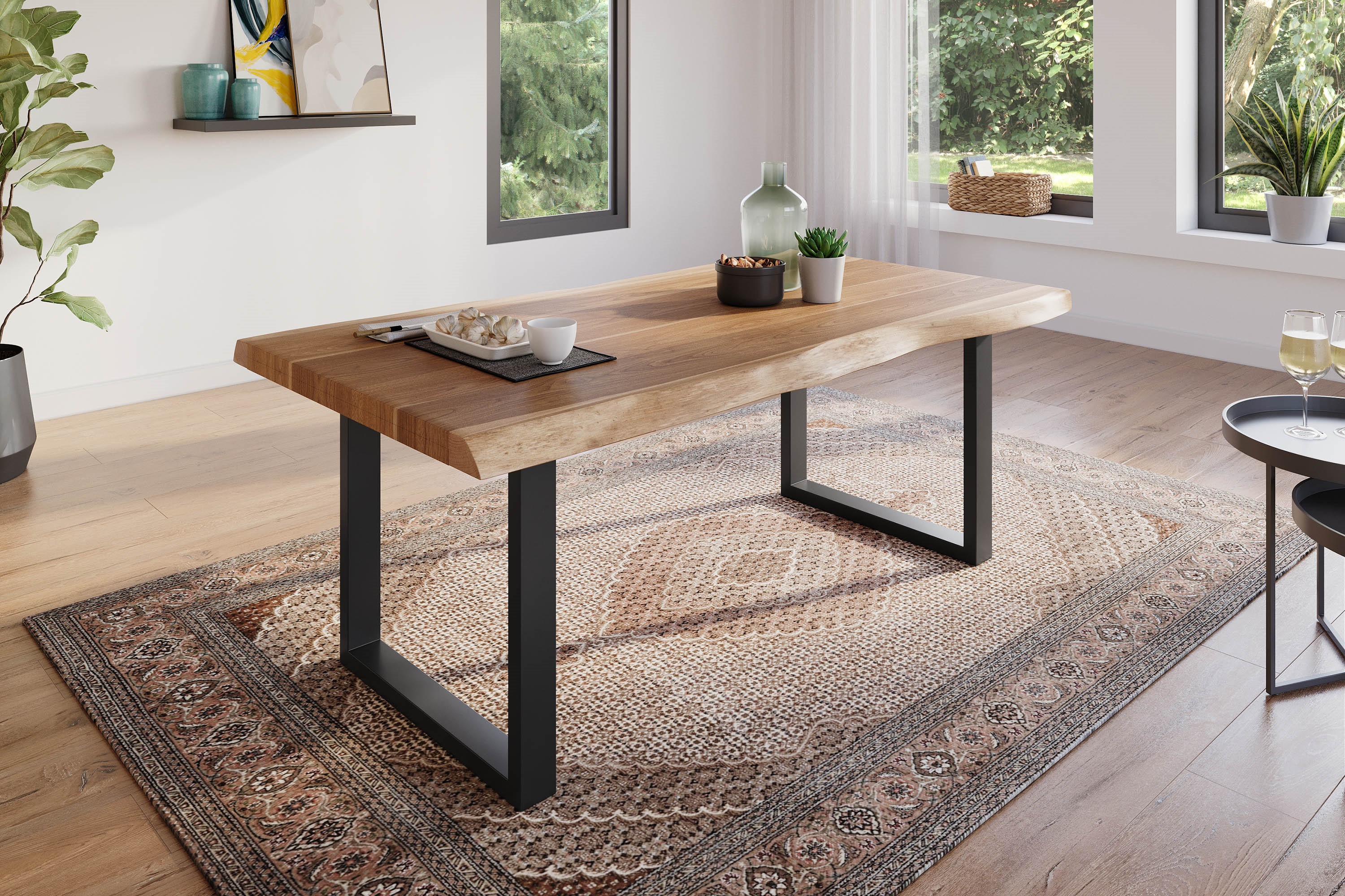 Esstisch Baumkante massiv Akazie Natur 180 x 90 U-Gestell schwarz ATLAS