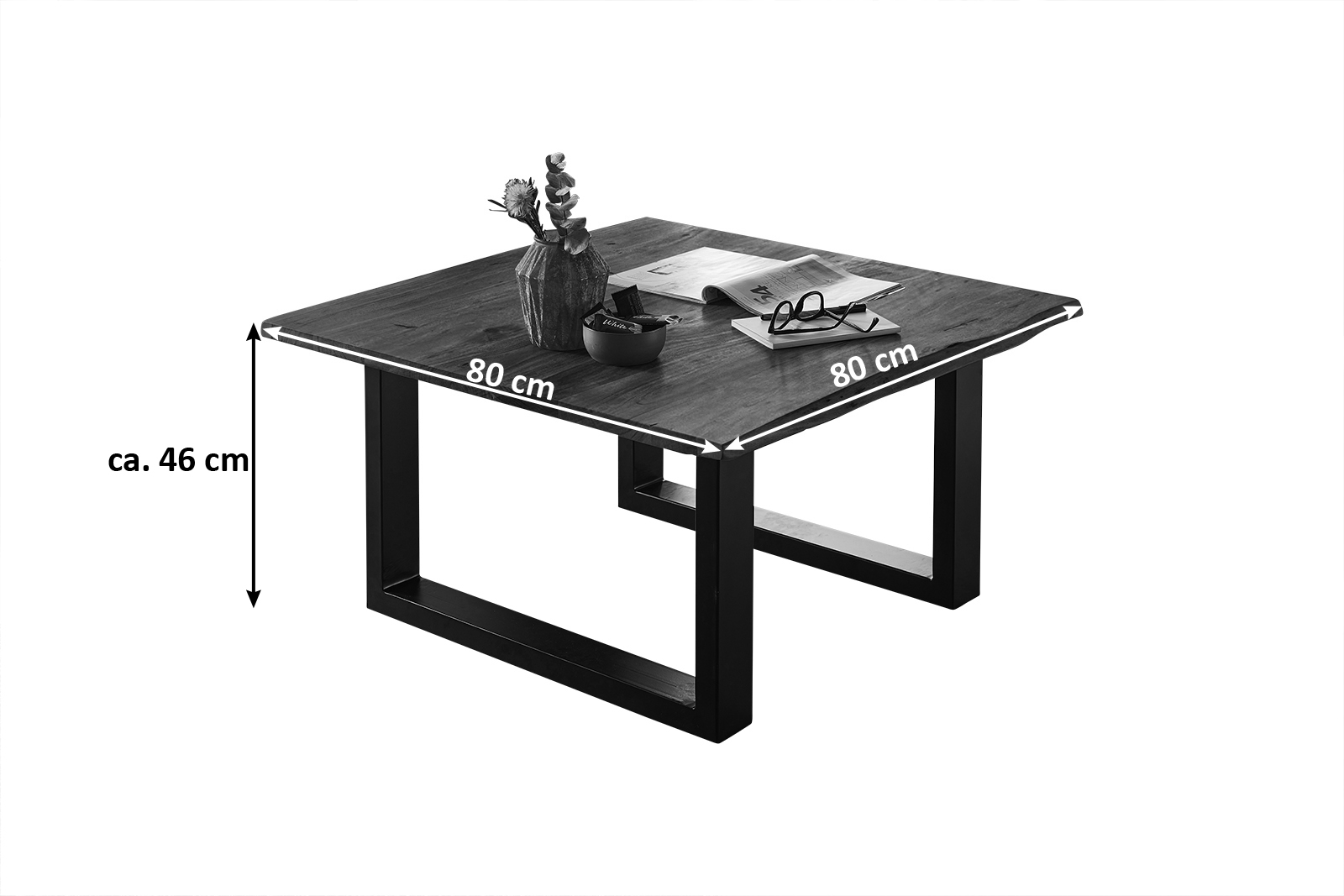  Couchtisch Baumkante massiv Akazie nussbaum 80 x 80 schwarz NOAH