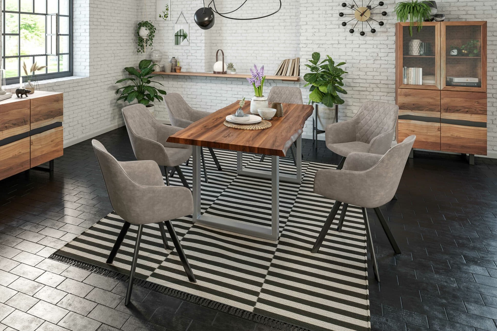  Esstisch Baumkante massiv Akazie nussbaum 120 x 80 silber LIAM