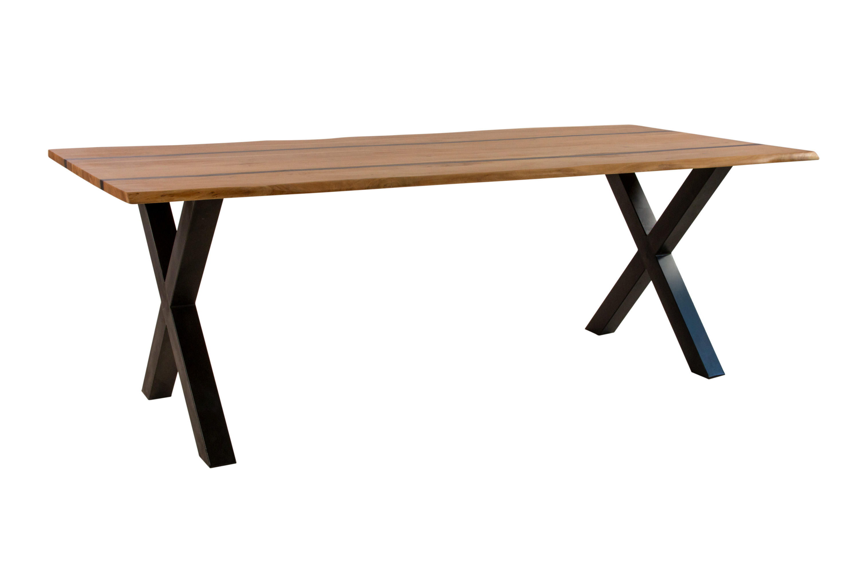 Esstisch 240 x 100 cm Akazie massiv natur mit schwarzen Resin-Adern X-Gestell schwarz PETER