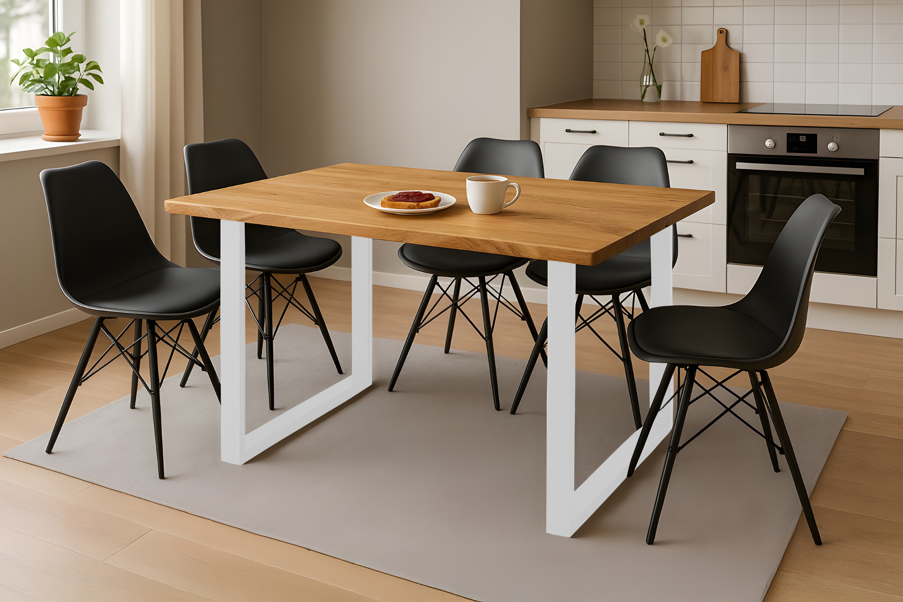 Esstisch Baumkante massiv Eiche geölt 160 x 85 cm U-Gestell weiß SALVADOR