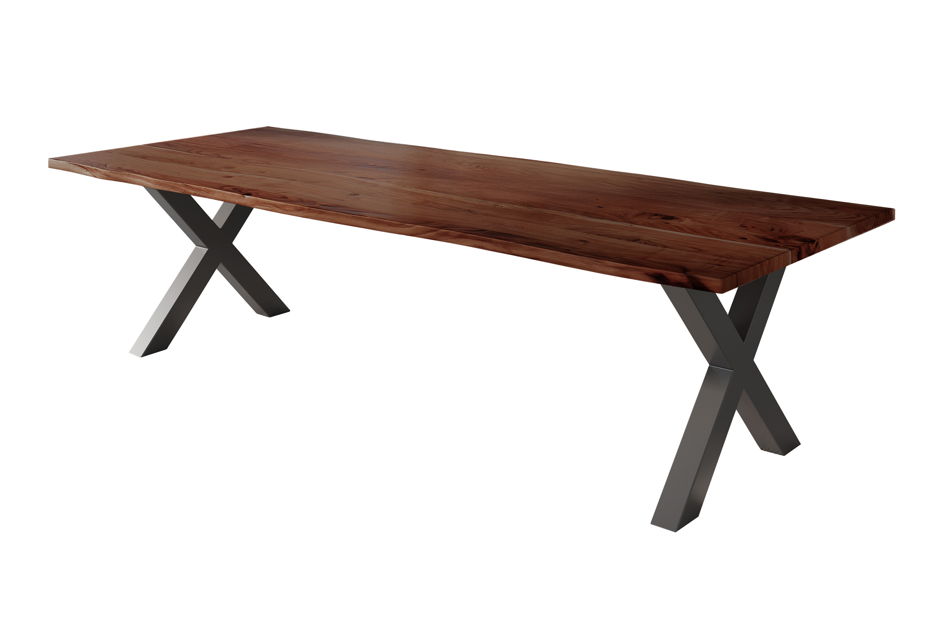 Esstisch Baumkante massiv Akazie nussbaum 280 x 100 schwarz X-Gestell NICK