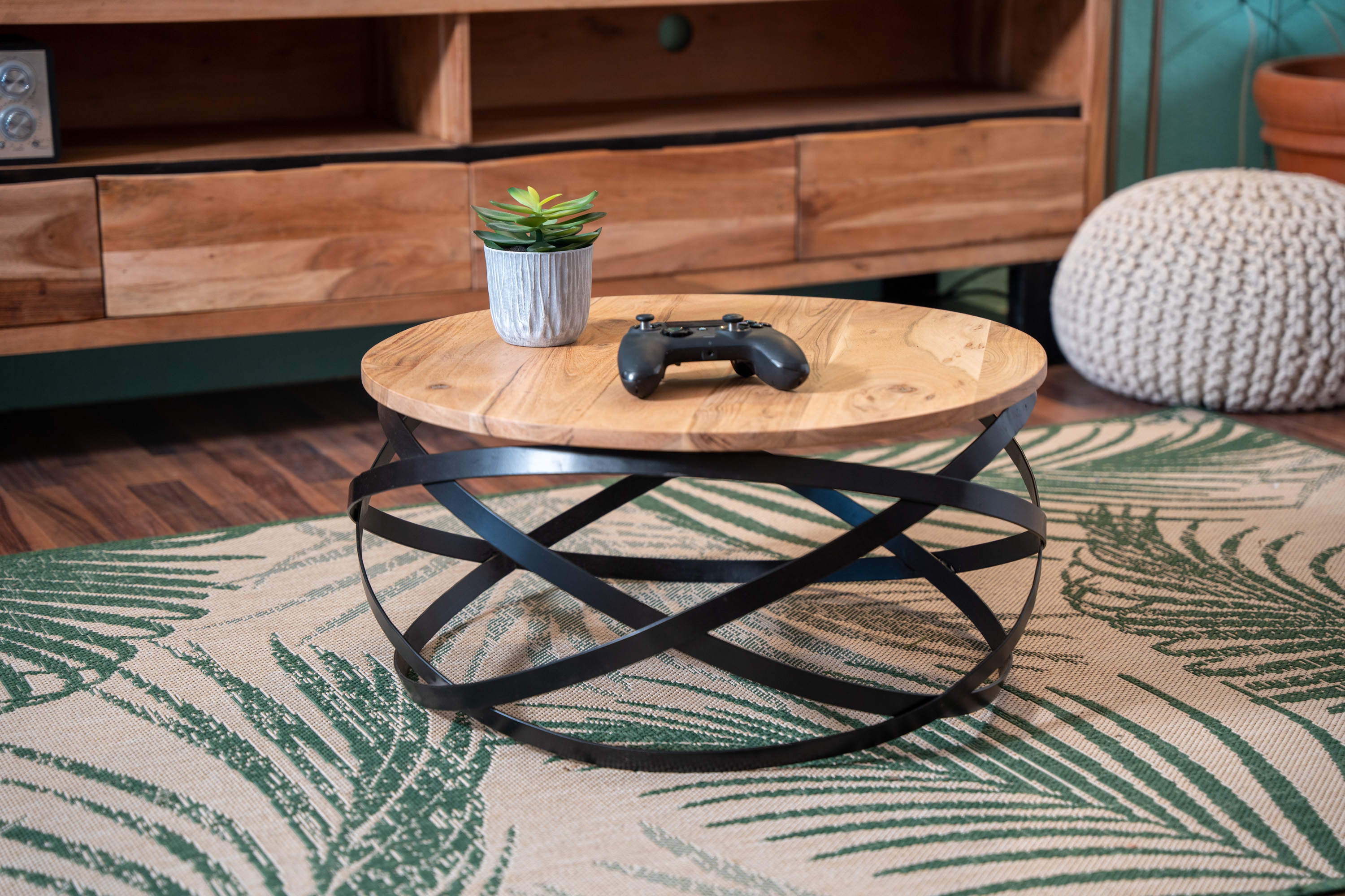 Couchtisch rund im Industrial-Design Akazie massiv 60 x 60 x 30 cm naturfarben Allison