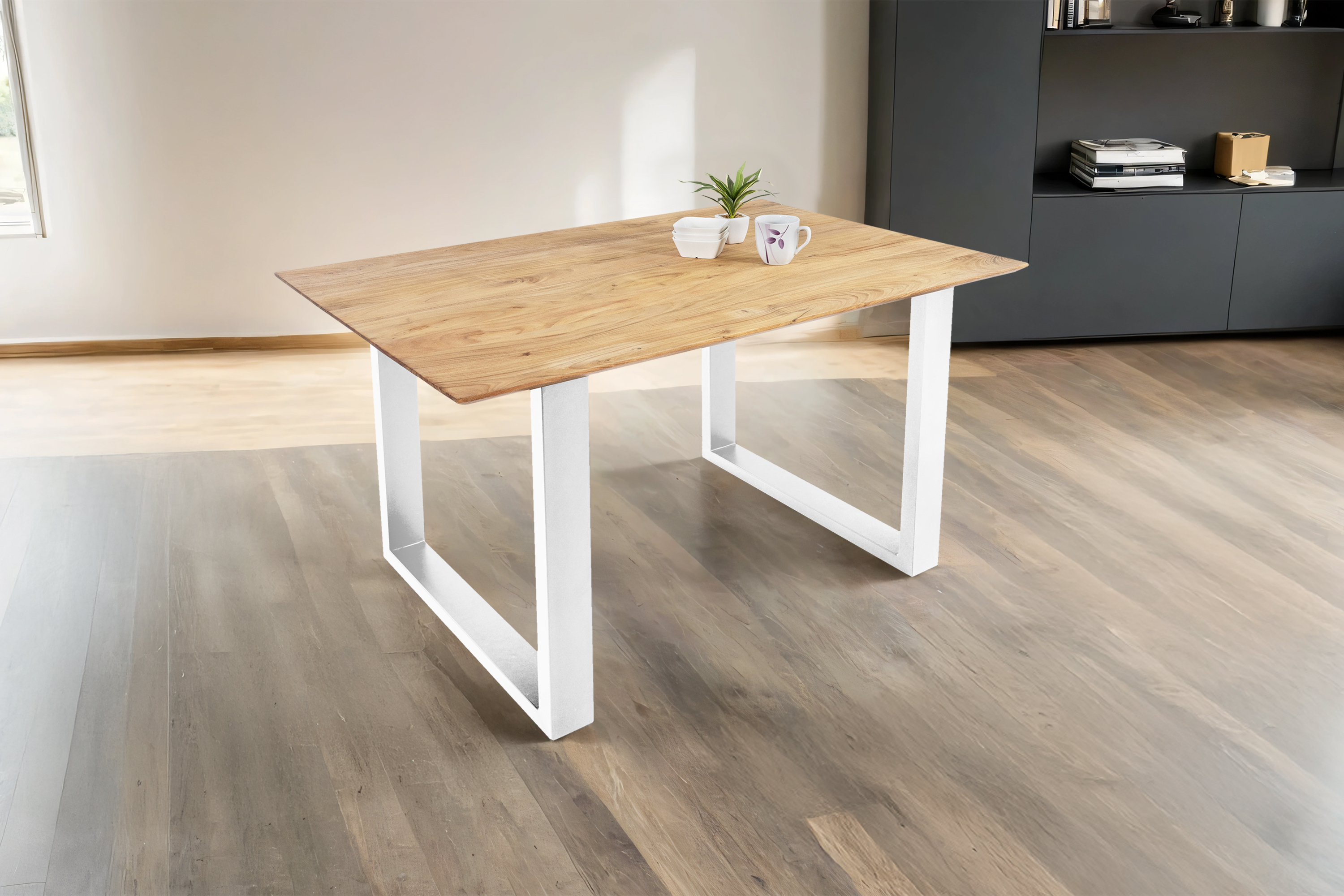 Esstisch 140x80cm Akazie massiv eichenfarben schweizer Kante U-Gestell weiß DEAN