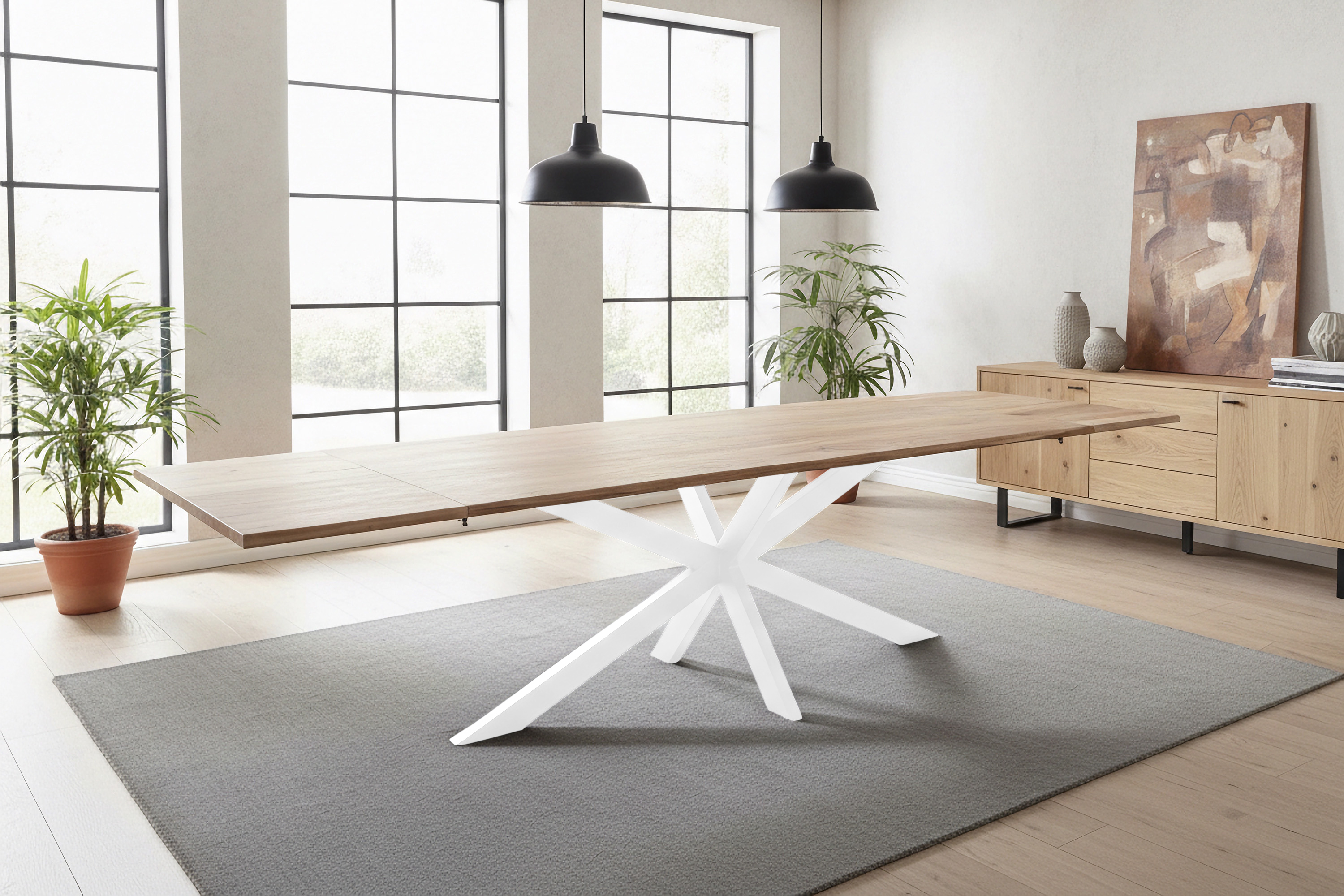 Esstisch Baumkante Akazie natur 220(320)x100 Ansteckplatten Spider-Gestell weiß AVINO