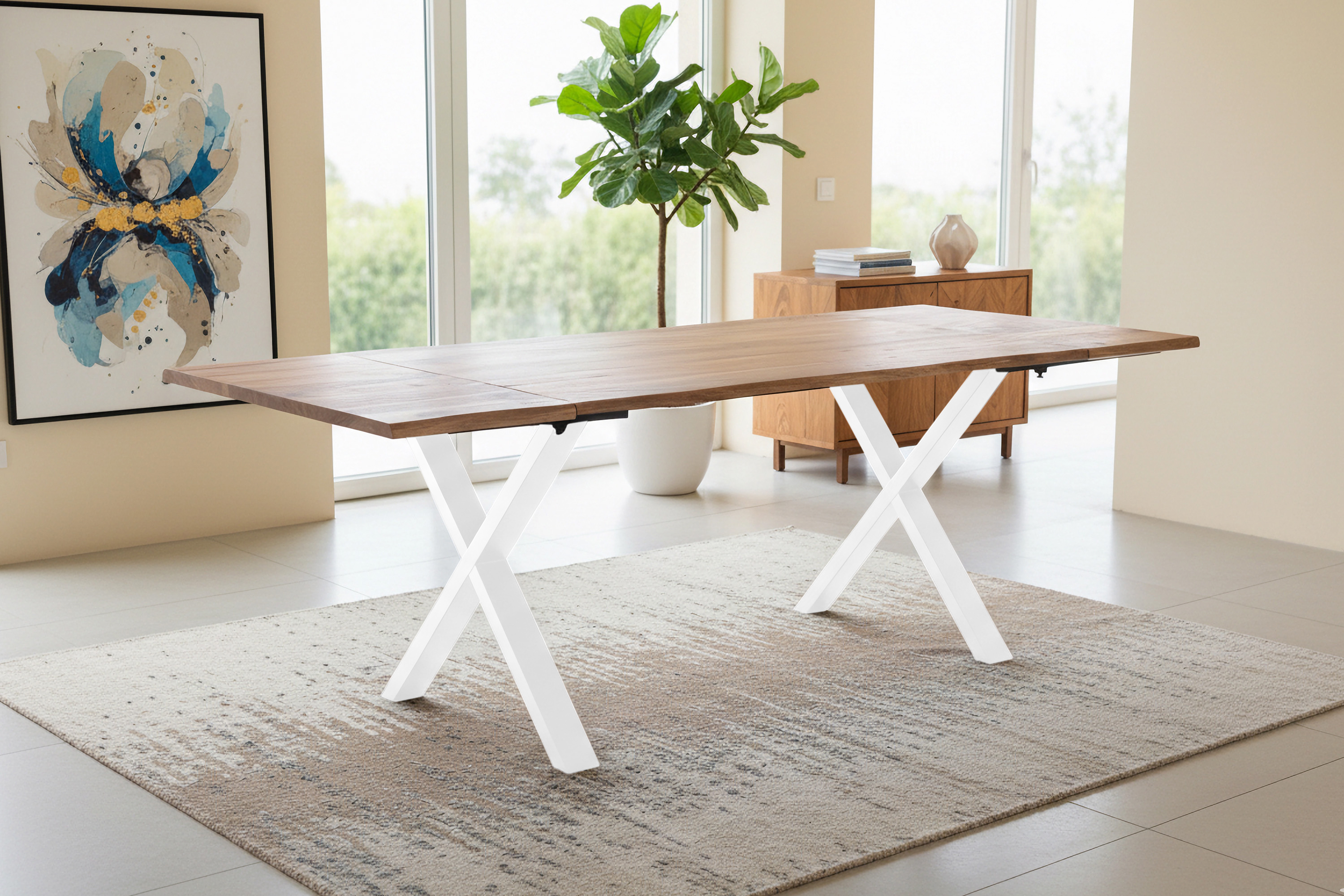 Esstisch Baumkante Akazie natur 140(220)x90 Ansteckplatten X-Gestell weiß AVINO