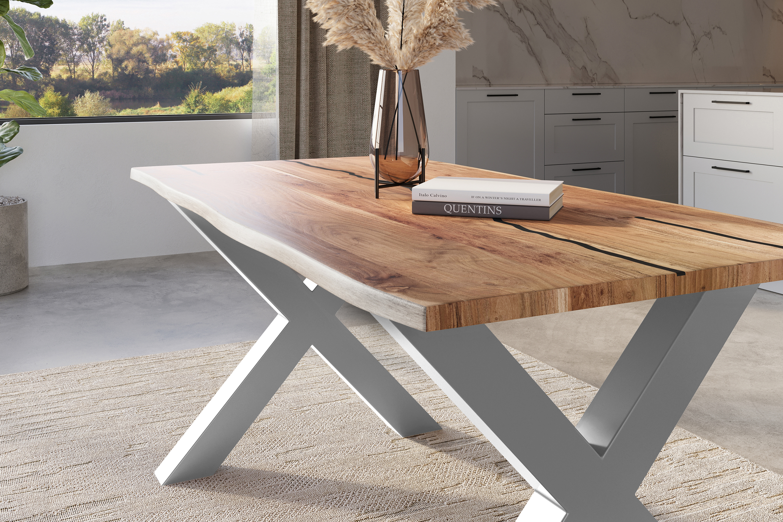 Baumkantentisch Akazie mit schwarzen Resin-Adern naturfarben 160 x 85 cm X-Gestell silber POLLY