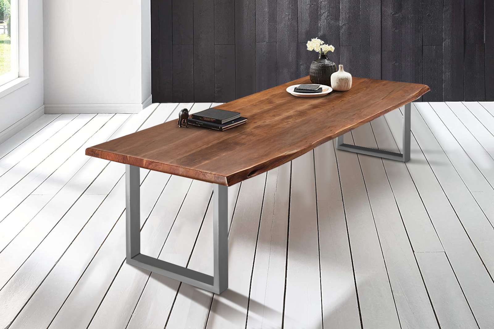  Esstisch Baumkante massiv Akazie nussbaumfarben 200 x 110 silber VALIN