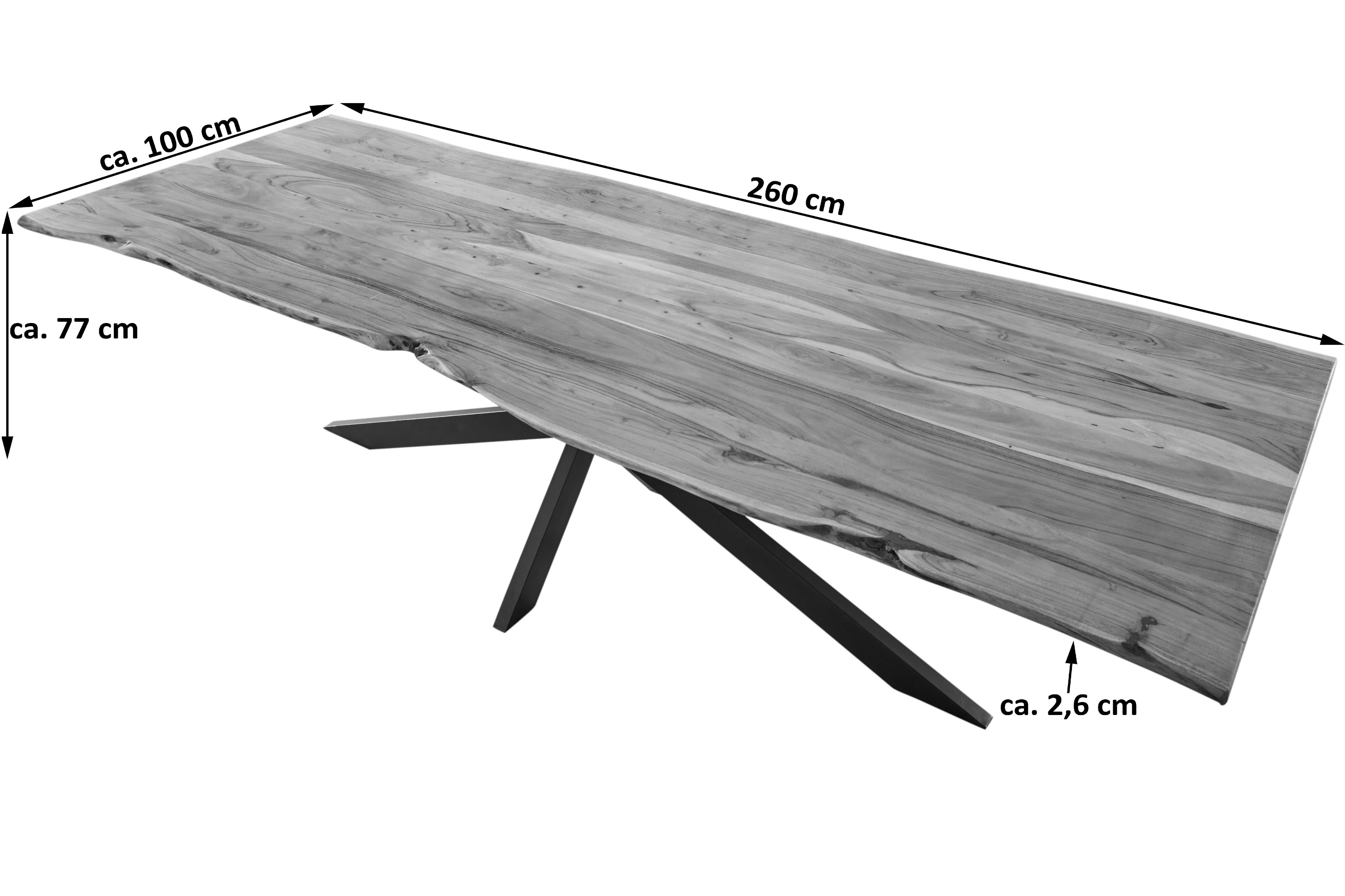 Esstisch Baumkante massiv Akazie natur 260 x 100 cm Spider-Gestell silber Kalea